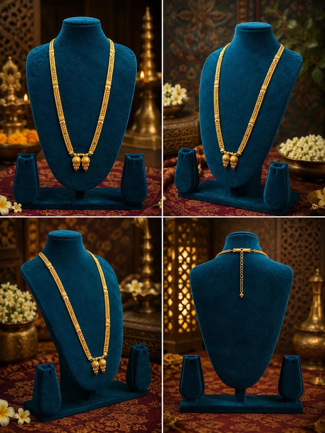 Antique Gold Granule Long Haaram with Twin Locket Pendant & Ruby Drops — Image 2