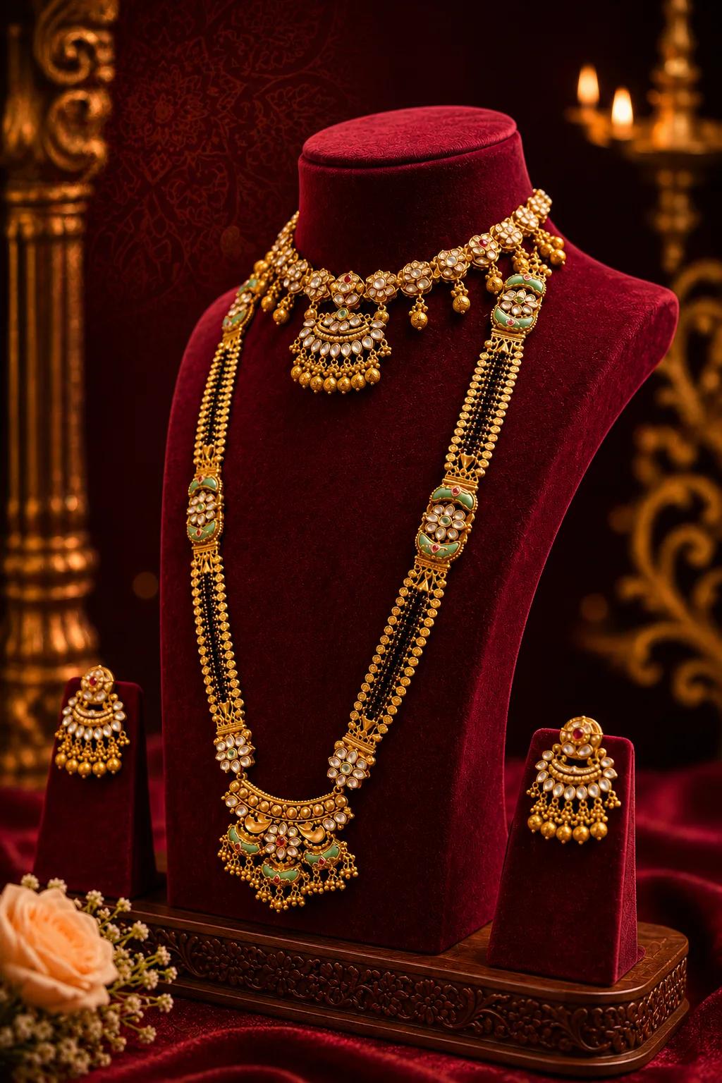 Bridal Kundan Meenakari Long Haaram Set with Mangalsutra Chain & Chandelier Earrings — Image 2