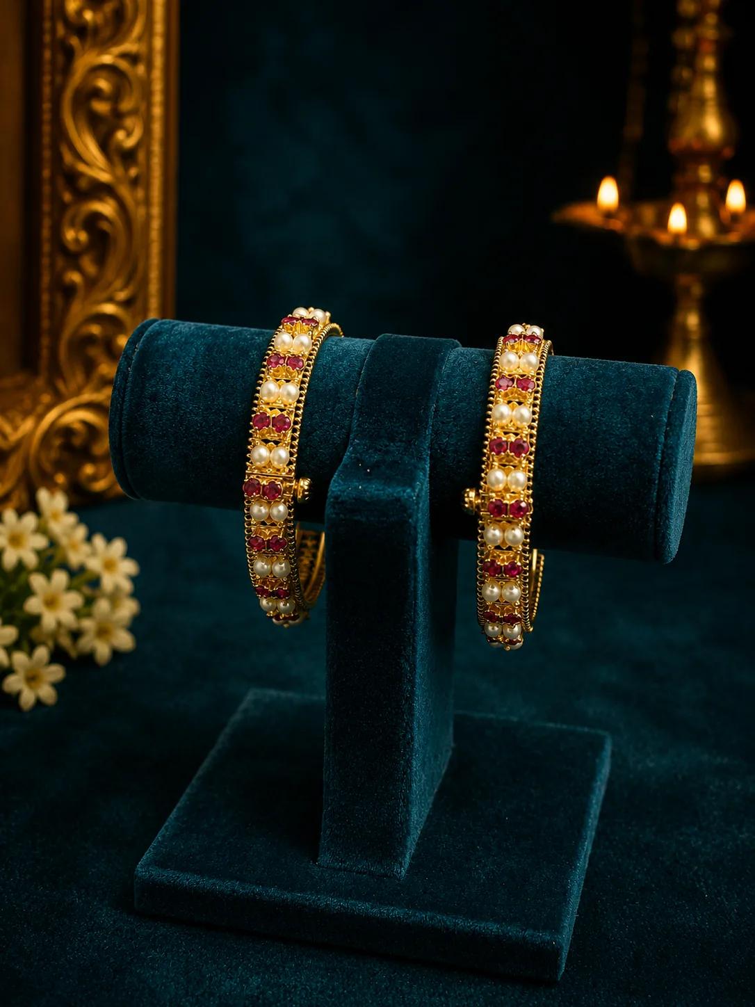 Temple Ruby & Pearl Cluster Bangle Pair in Antique Gold — Image 2
