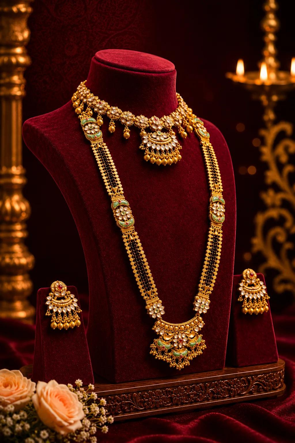 Bridal Kundan Meenakari Long Haaram Set with Mangalsutra Chain & Chandelier Earrings — Image 3