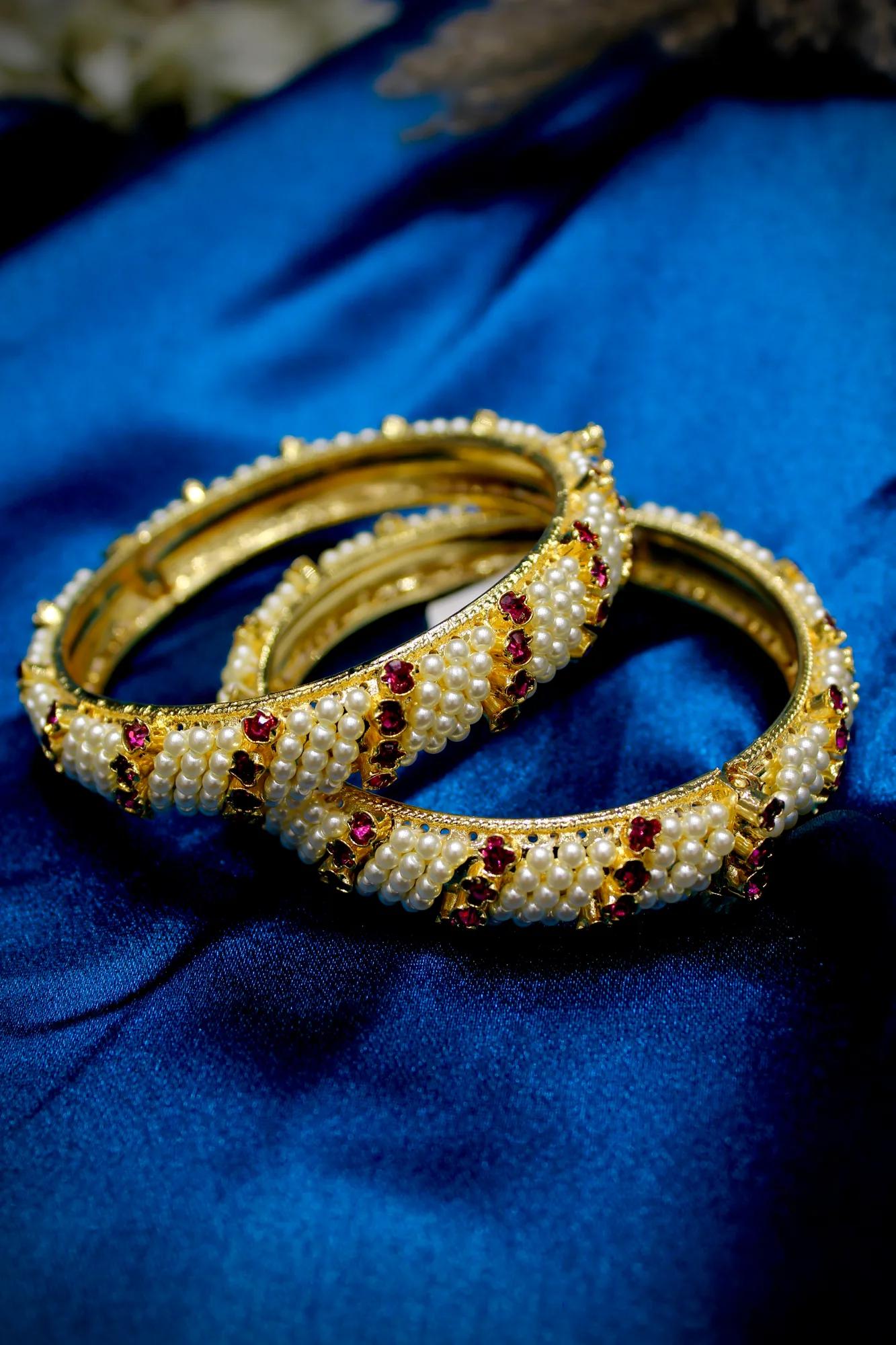 Pearl & Ruby Stone Designer Bangles (Set of 2)