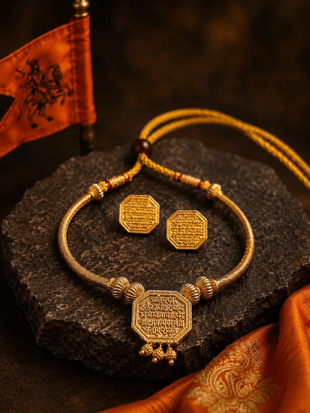 Chhatrapati Shivaji Maharaj Rajmudra Gold-Plated Necklace Set with Matching Stud Earrings