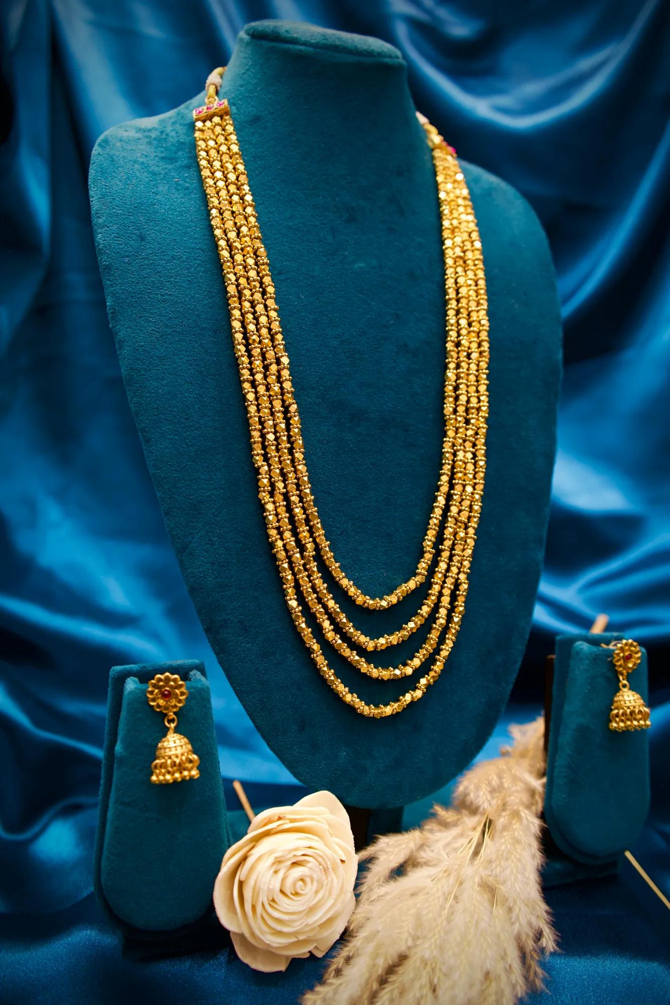 Traditional Four-Layer Golden Bead Long Haram Necklace Set