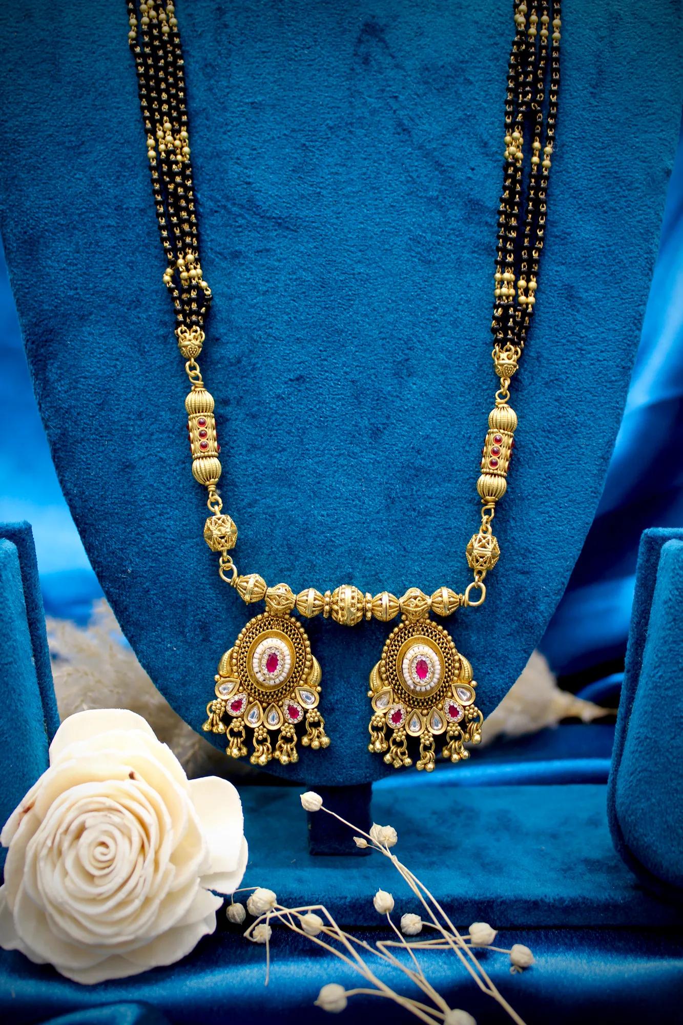 Royal Antique Gold Peacock Twin Pendant Black Bead Mangalsutra