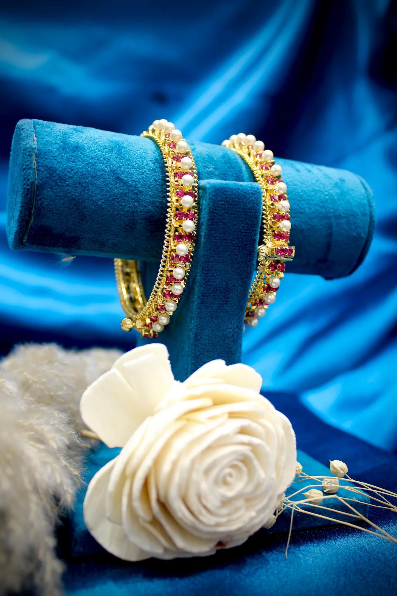Pearl & Ruby Stone Traditional Bangles (Set of 2)