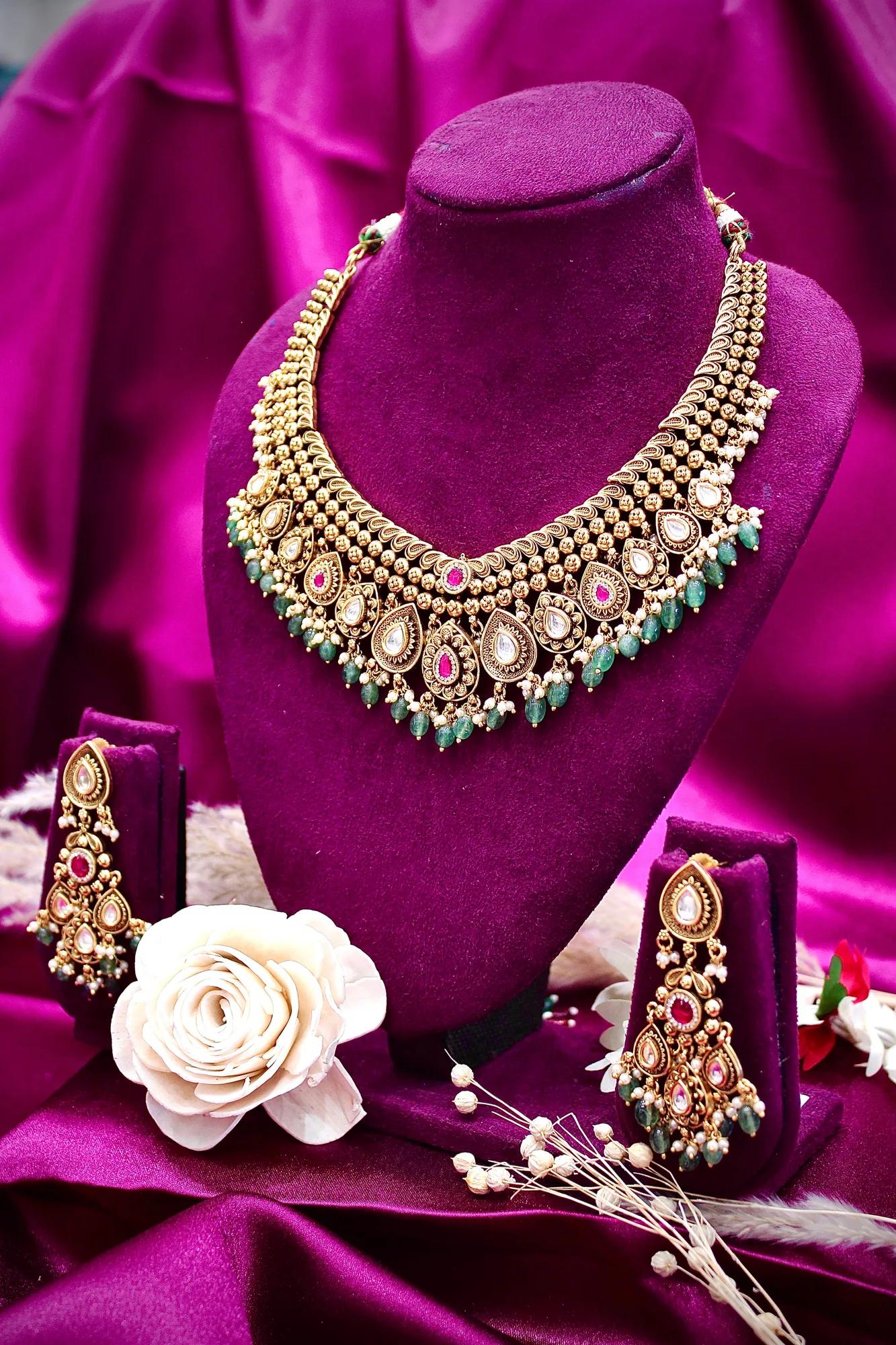 Royal Kundan & Emerald Bead Bridal Necklace Set