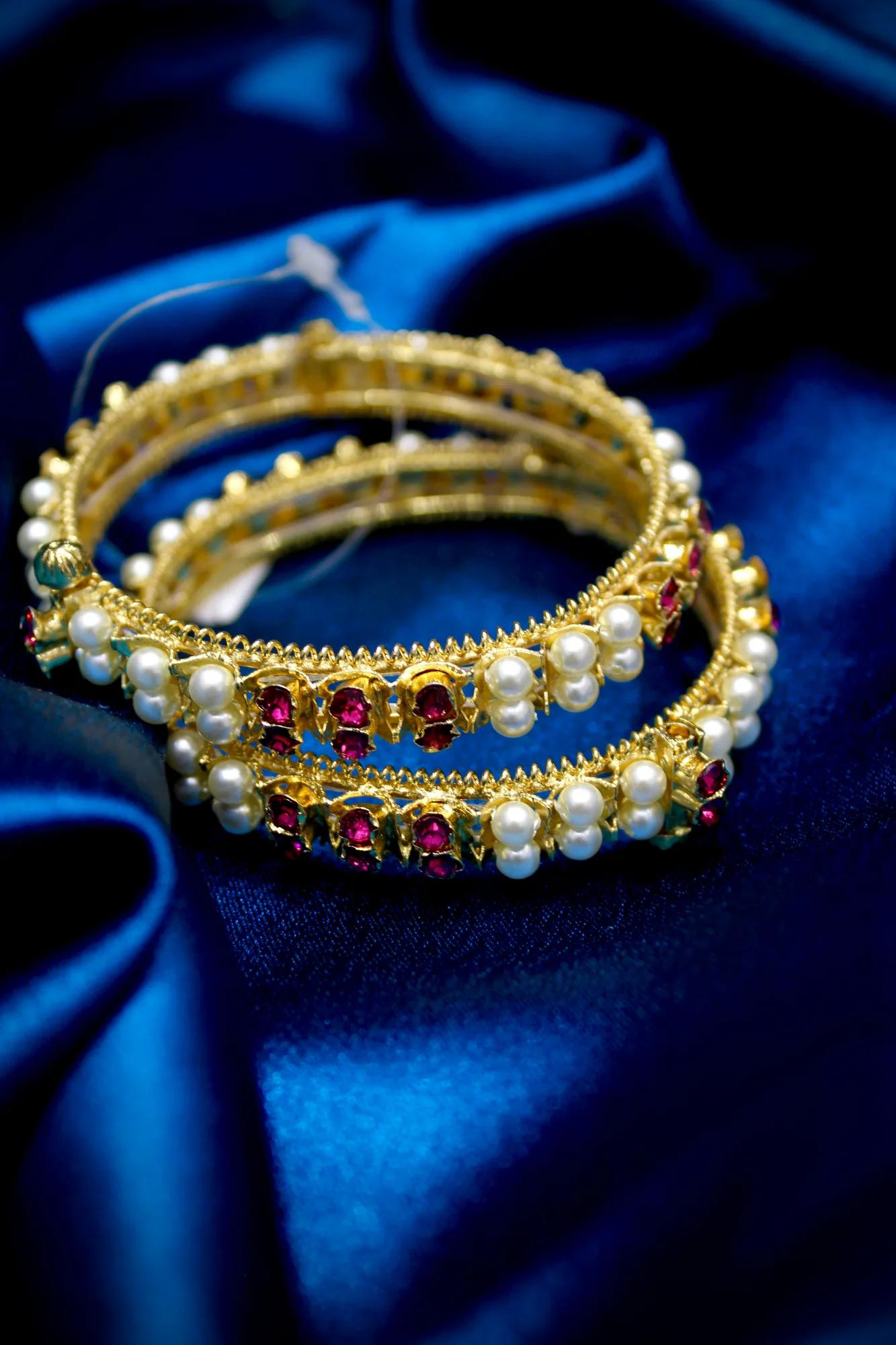 Royal Pearl & Ruby Floral Openable Bangles (Set of 2)