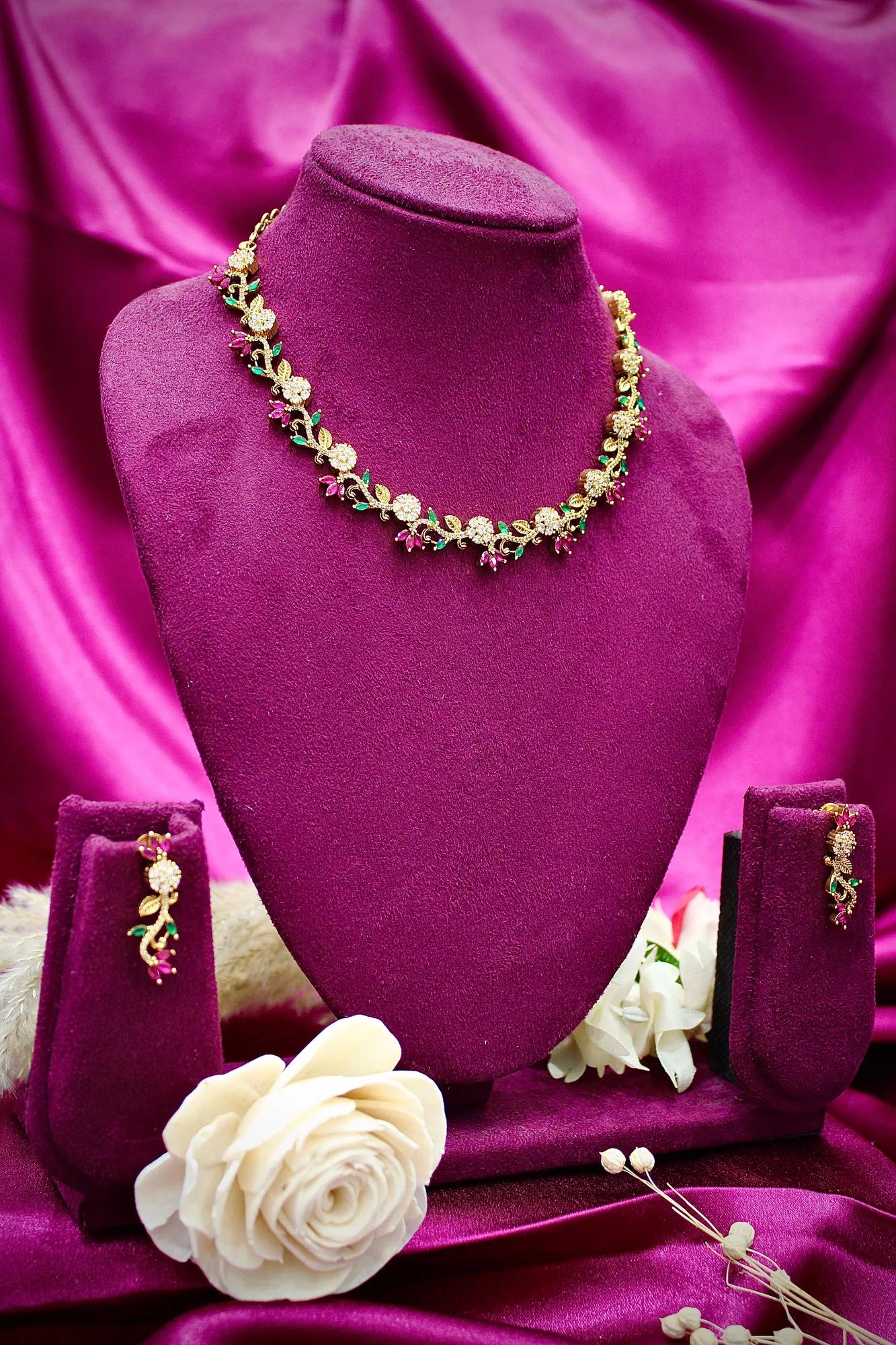 Floral Vine CZ Necklace Set with Multicolor Stone Accents