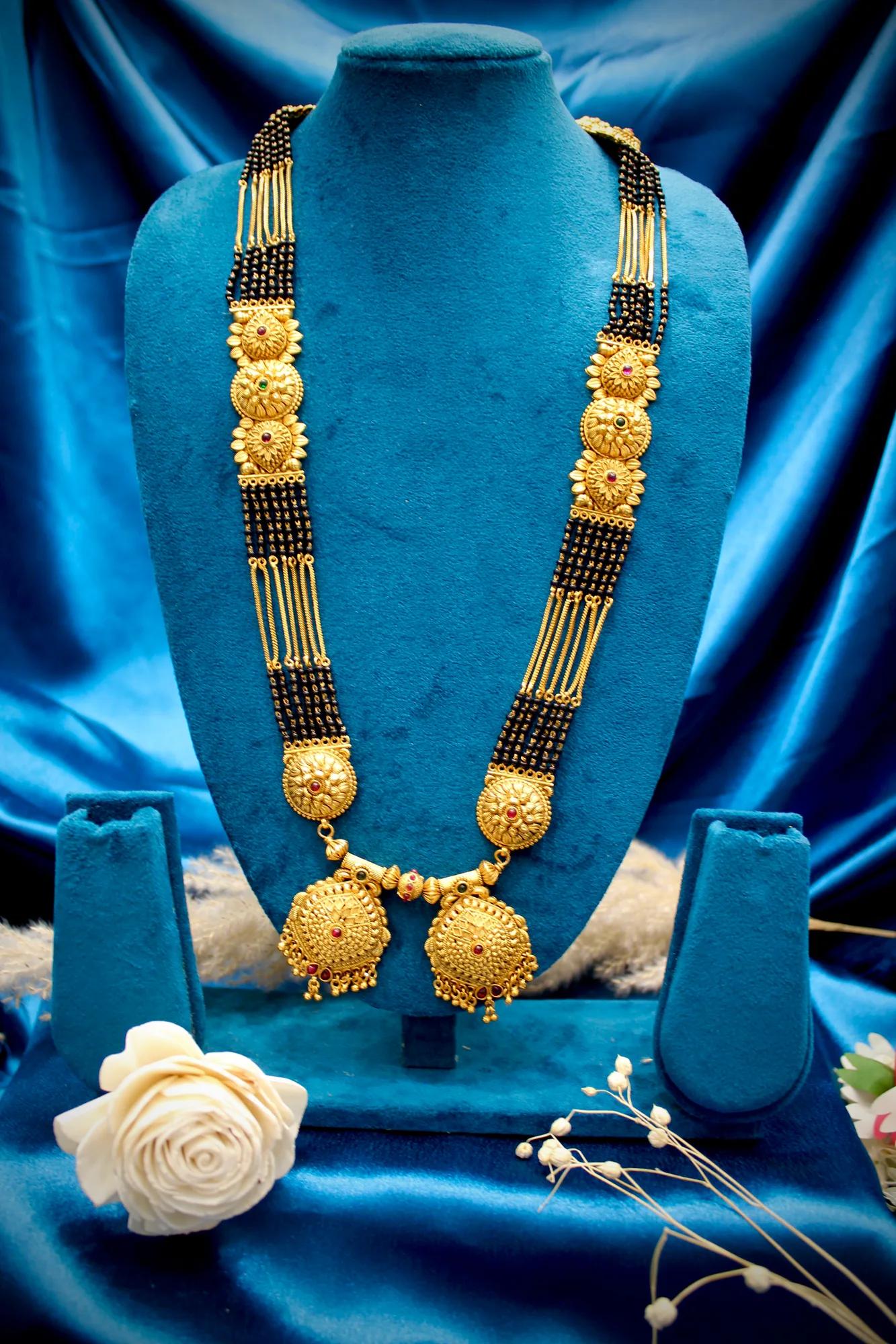Royal Antique Gold Floral Statement Twin Pendant Black Bead Mangalsutra