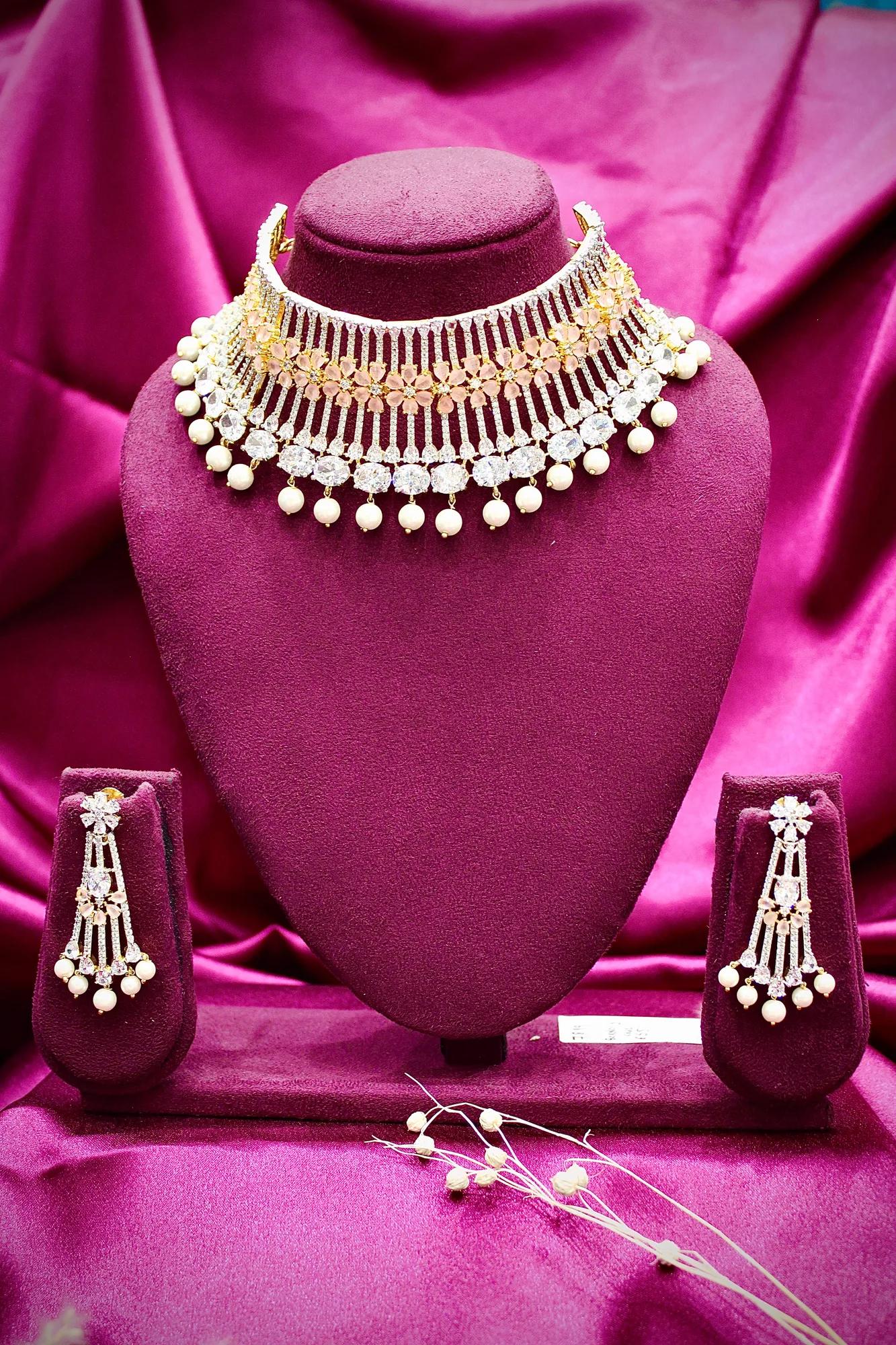 Luxury Floral American Diamond Pearl Choker Set with Statement Earrings