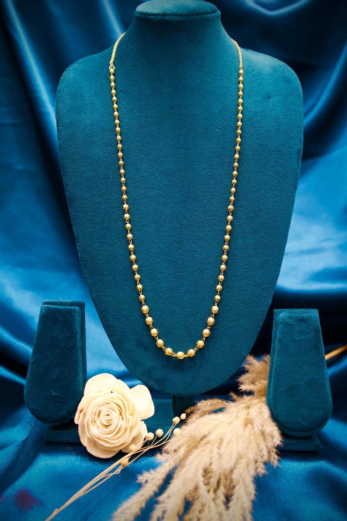 Traditional Gold-Tone Floral Bead Long Necklace