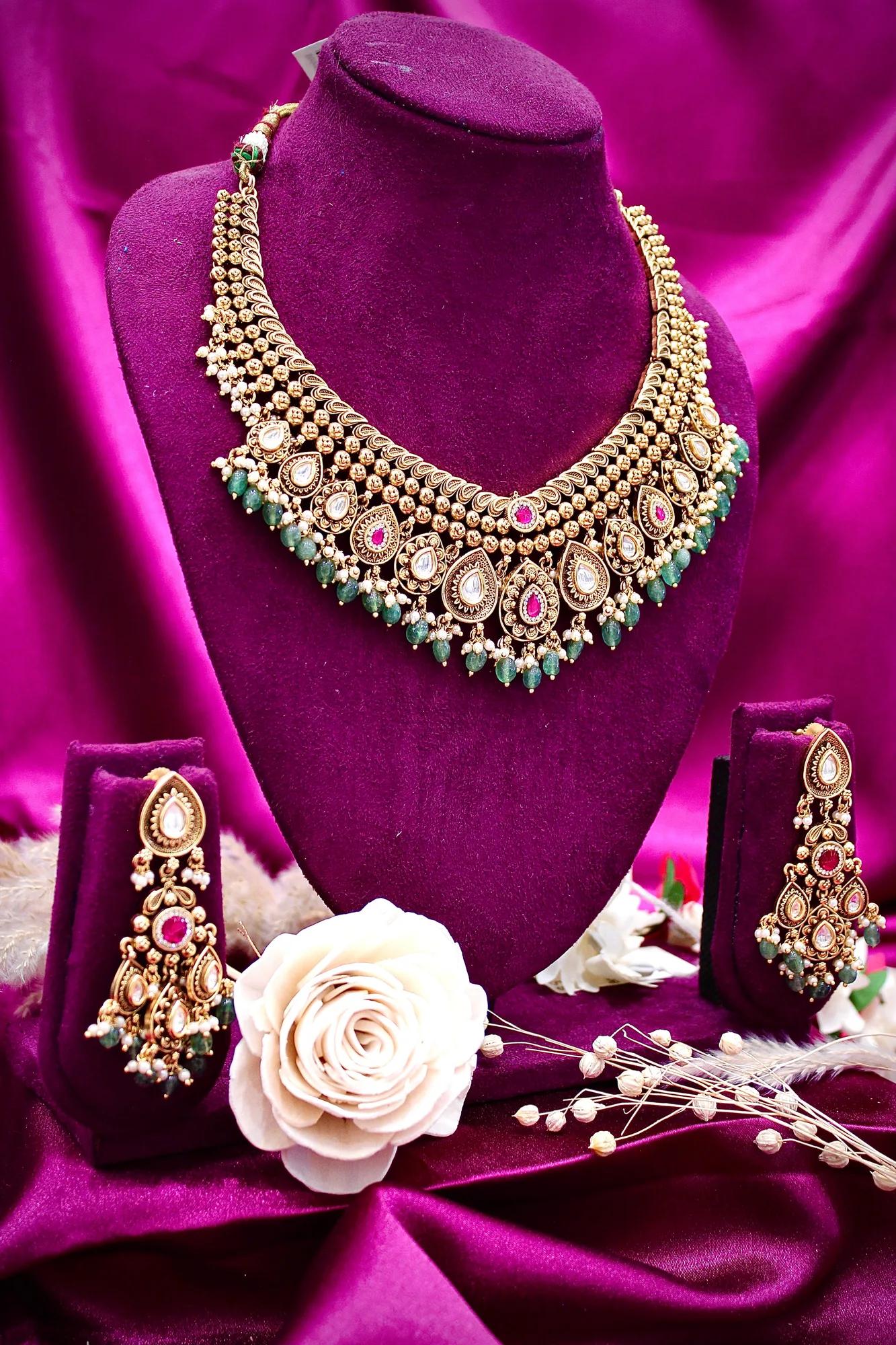 Royal Kundan & Emerald Bead Bridal Necklace Set
