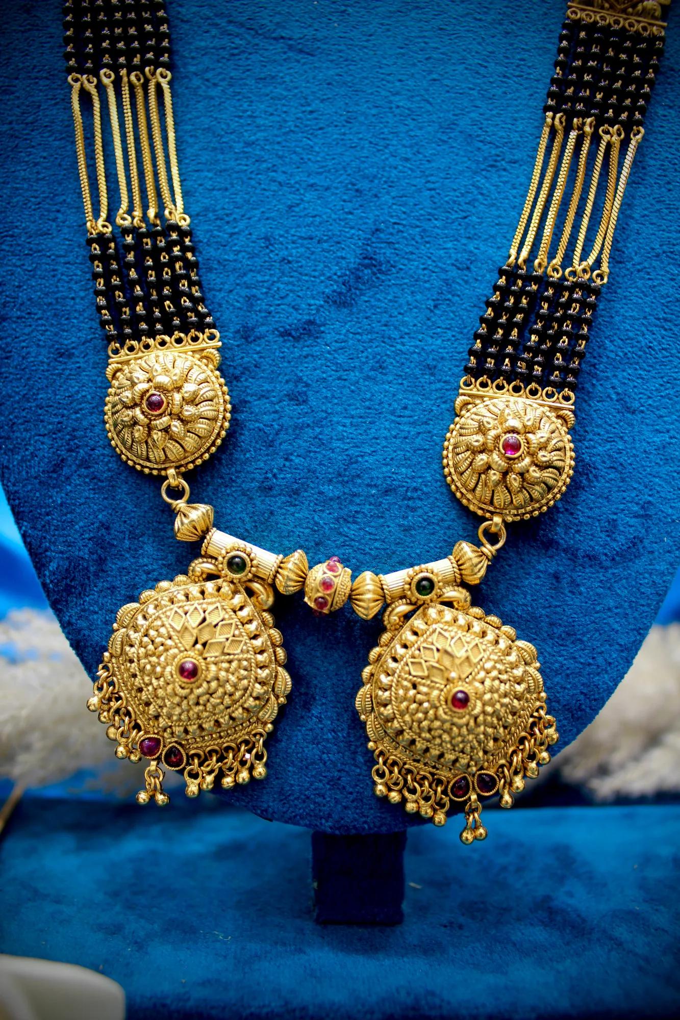 Royal Antique Gold Floral Statement Twin Pendant Black Bead Mangalsutra