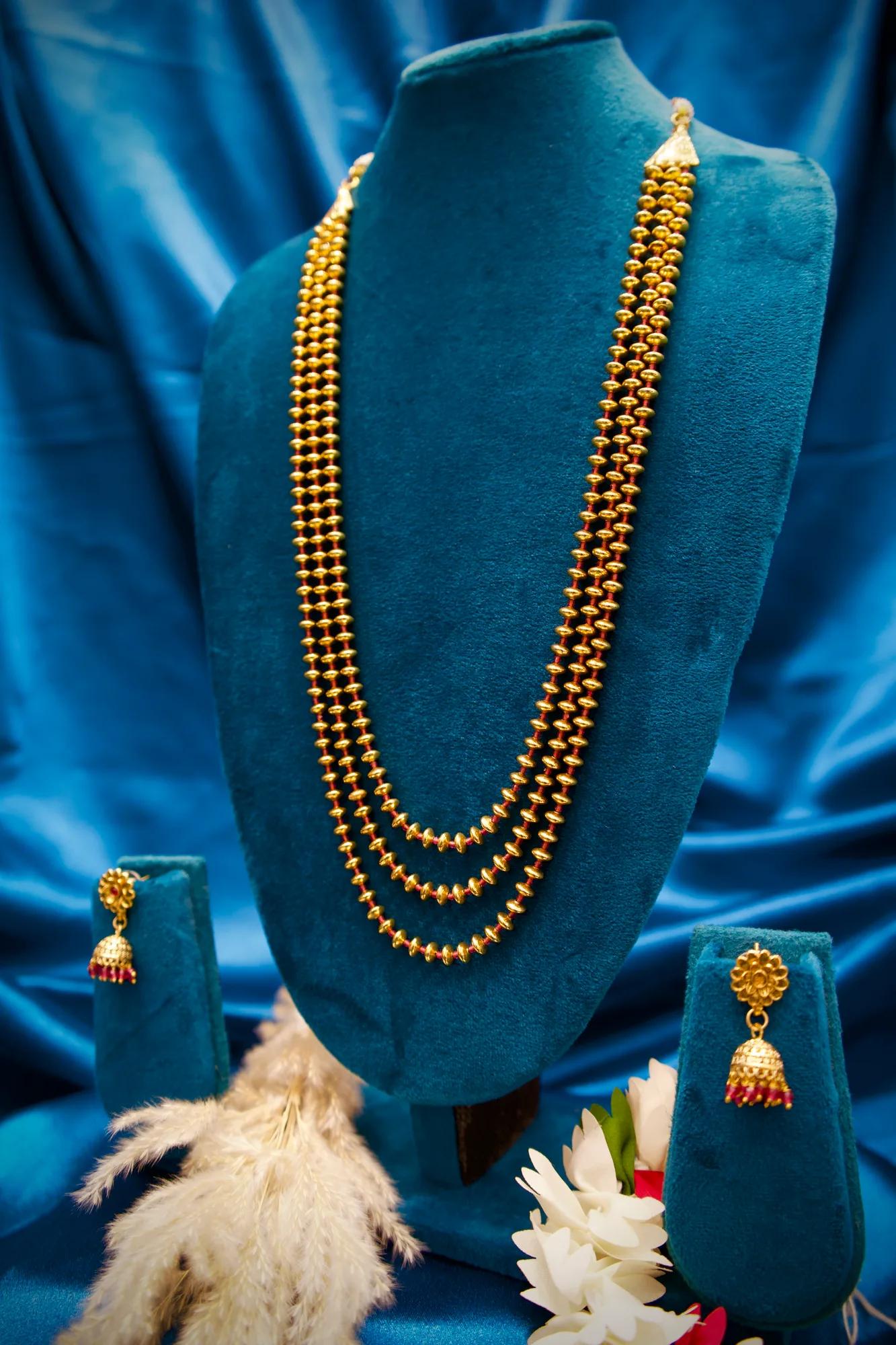 Traditional Gold Beaded Layered Necklace Set