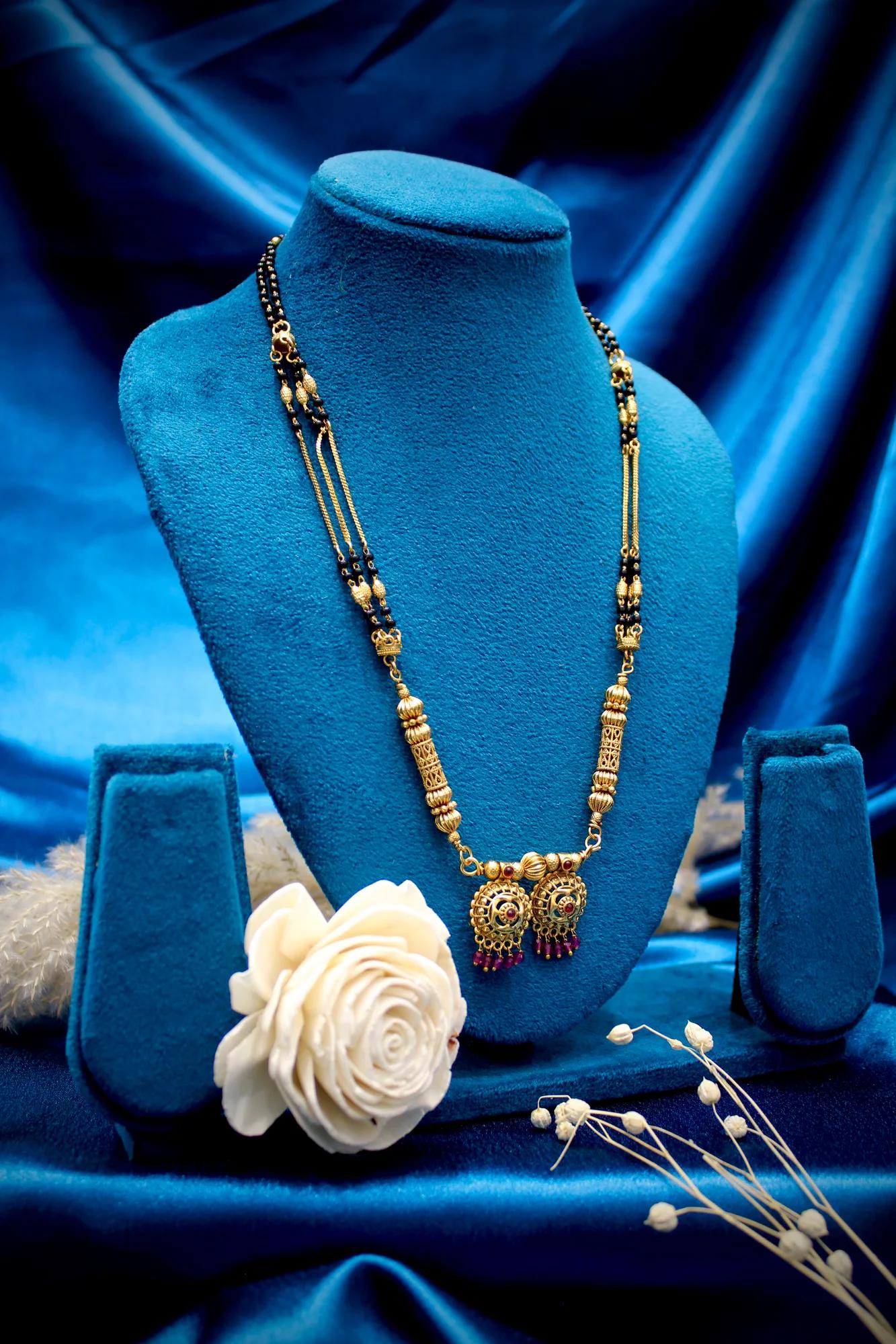Premium Antique Gold Designer Double Pendant Black Bead Mangalsutra