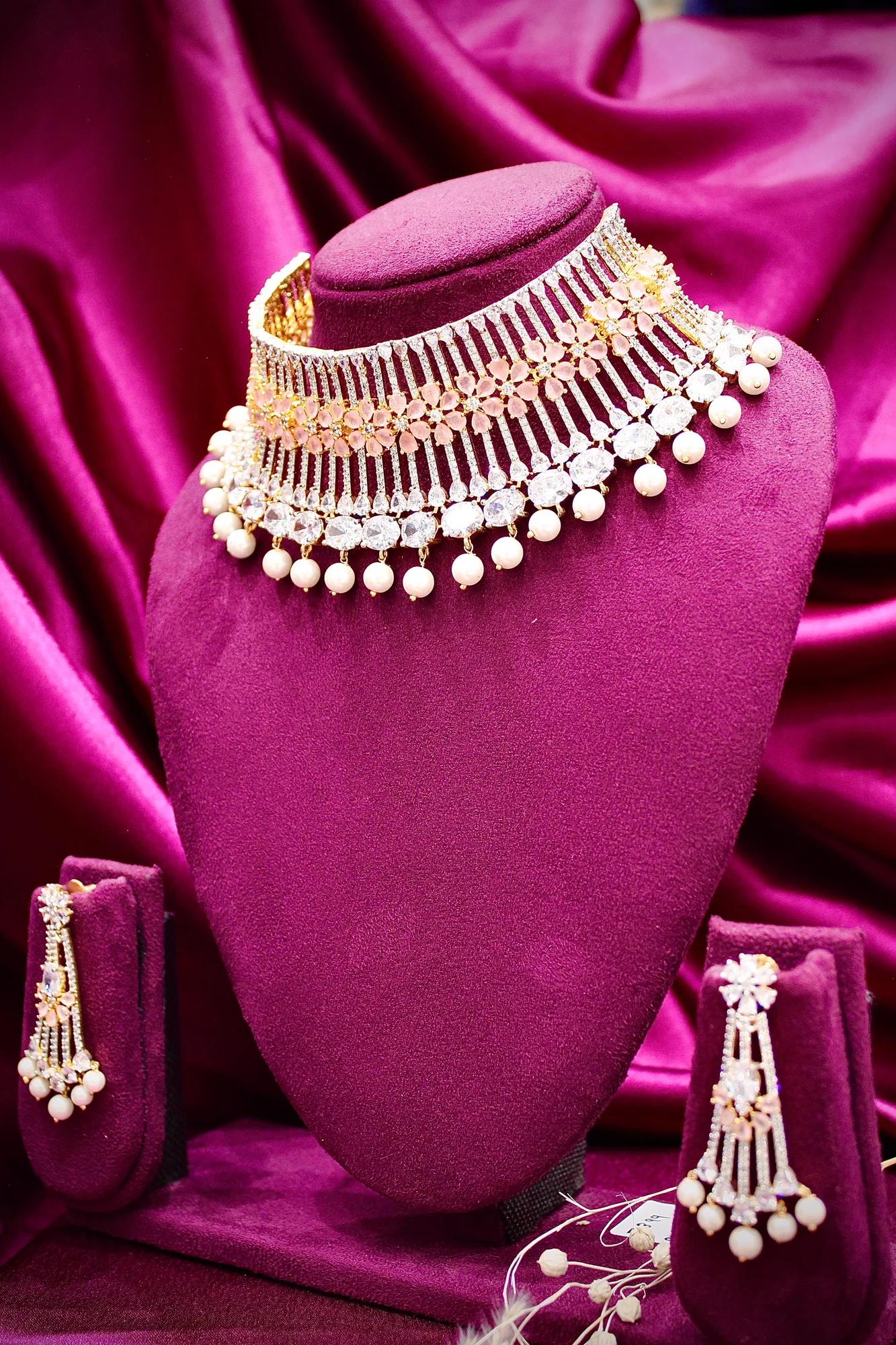 Luxury Floral American Diamond Pearl Choker Set with Statement Earrings