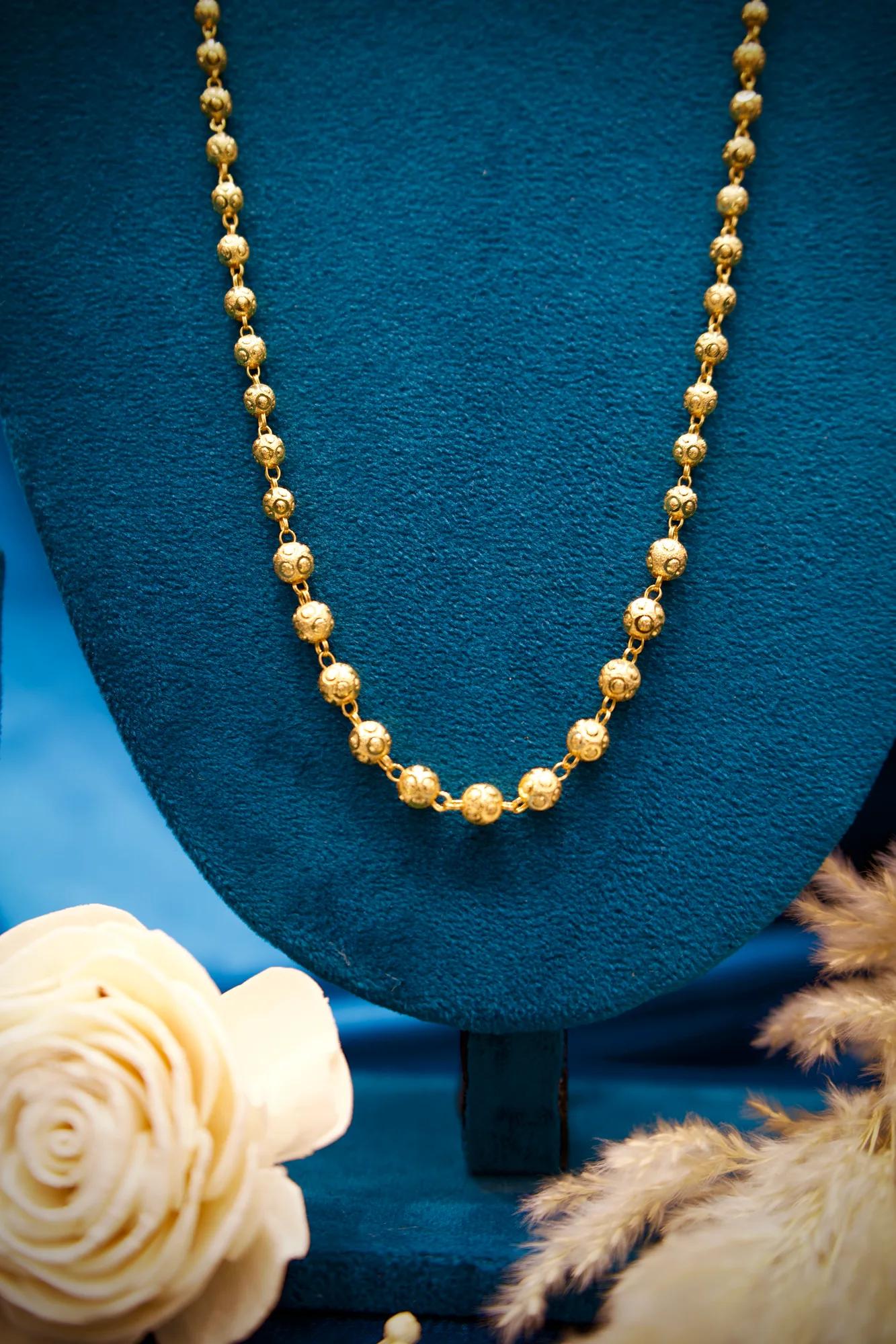 Traditional Gold-Tone Floral Bead Long Necklace