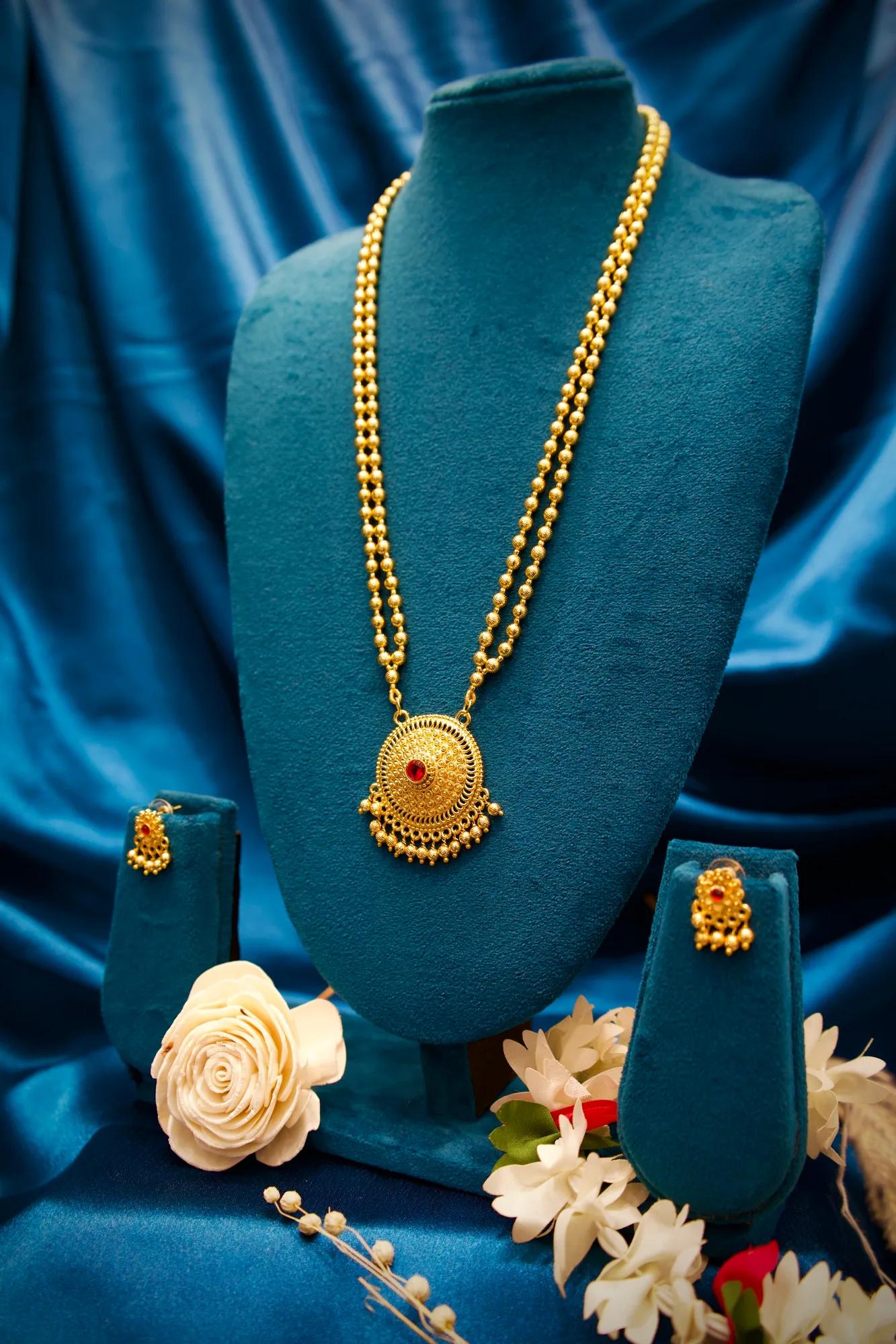 Traditional Coin Bead Long Necklace Set with Circular Ruby Pendant