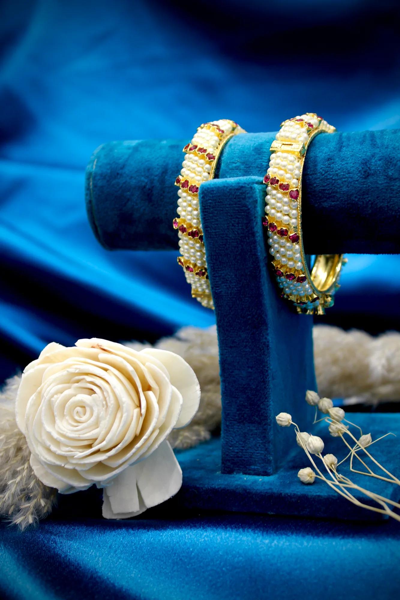 Pearl & Ruby Floral Designer Bangles (Set of 2)