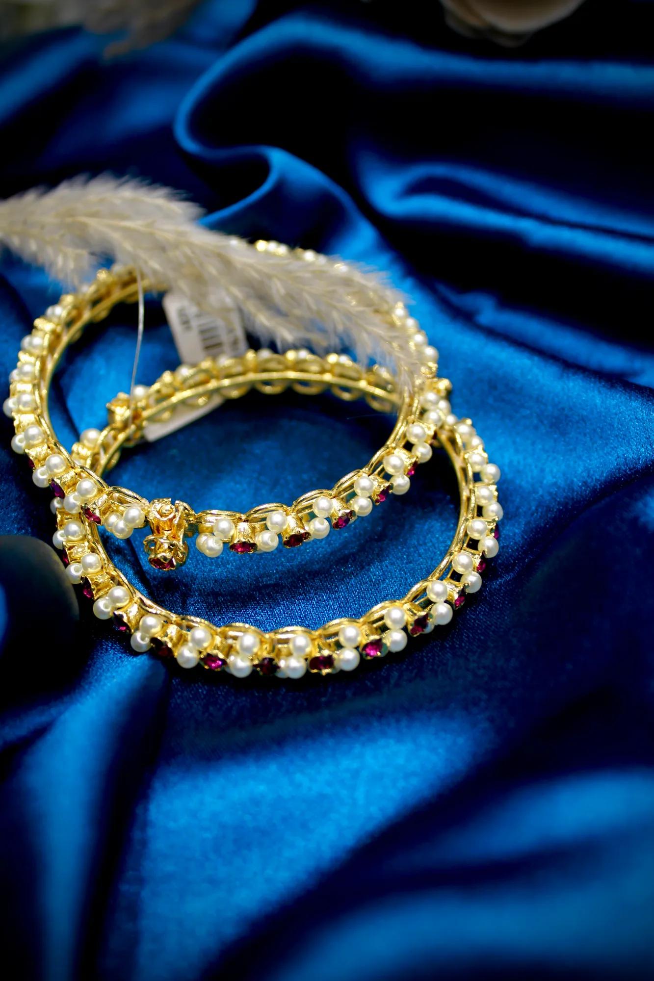 Elegant Pearl & Ruby Link Bangles (Set of 2)