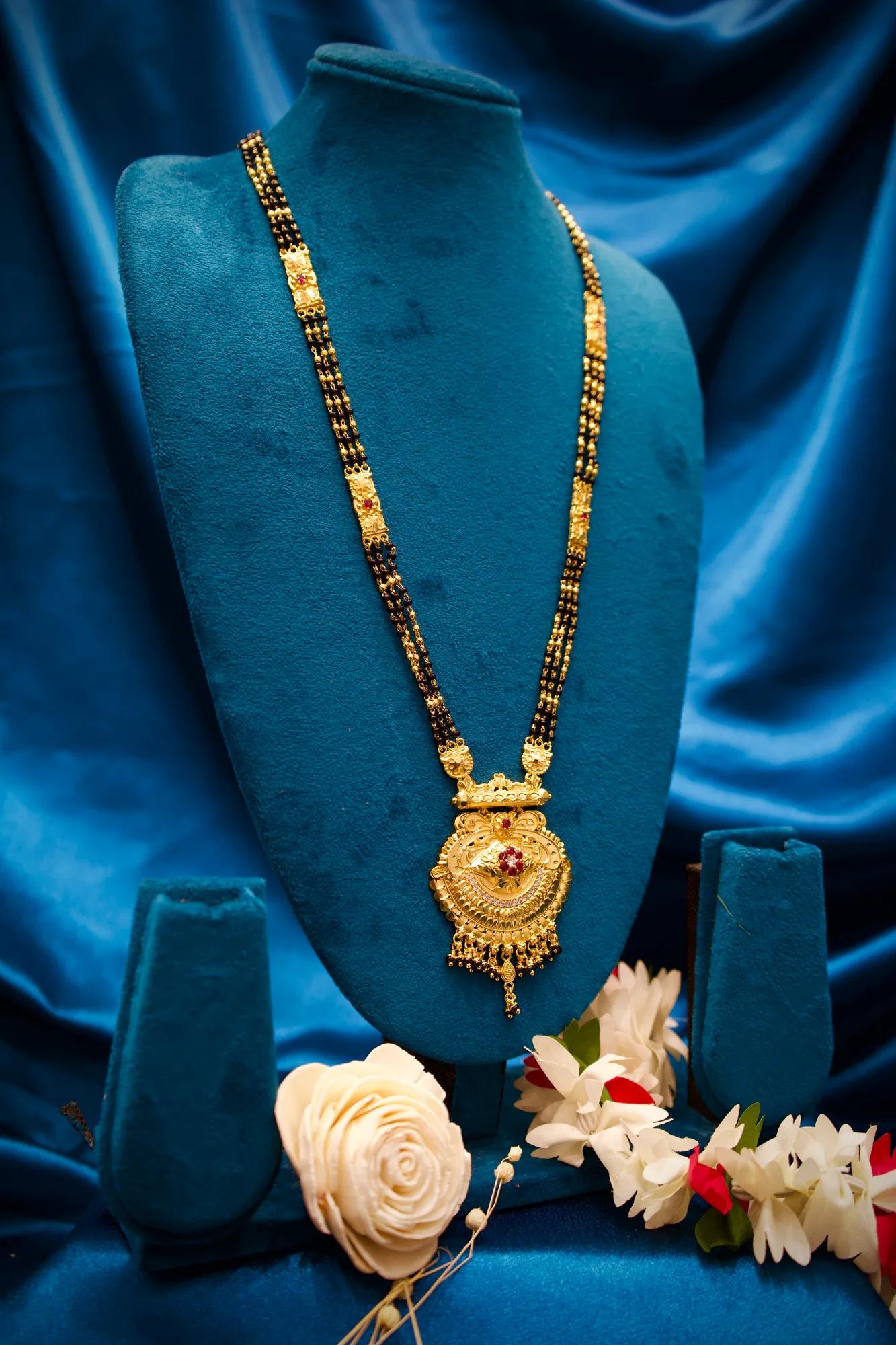 Traditional Black Bead Long Mangalsutra with Antique Royal Pendant