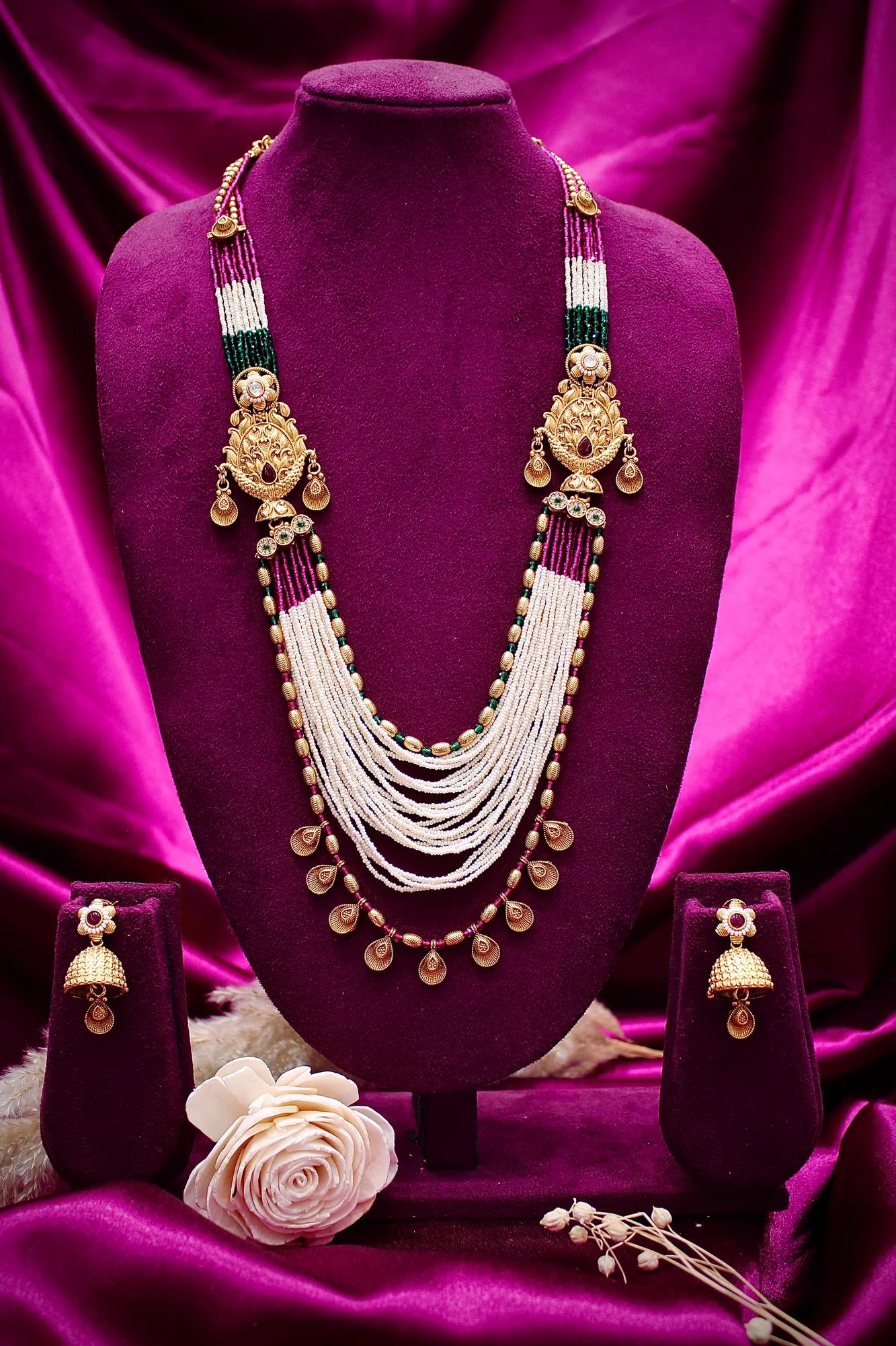 Royal Multi-Layer Pearl Haar Set with Antique Gold Motifs