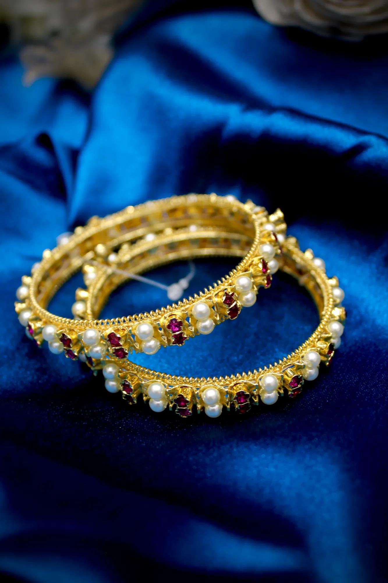 Pearl & Ruby Stone Designer Bangles (Set of 2)