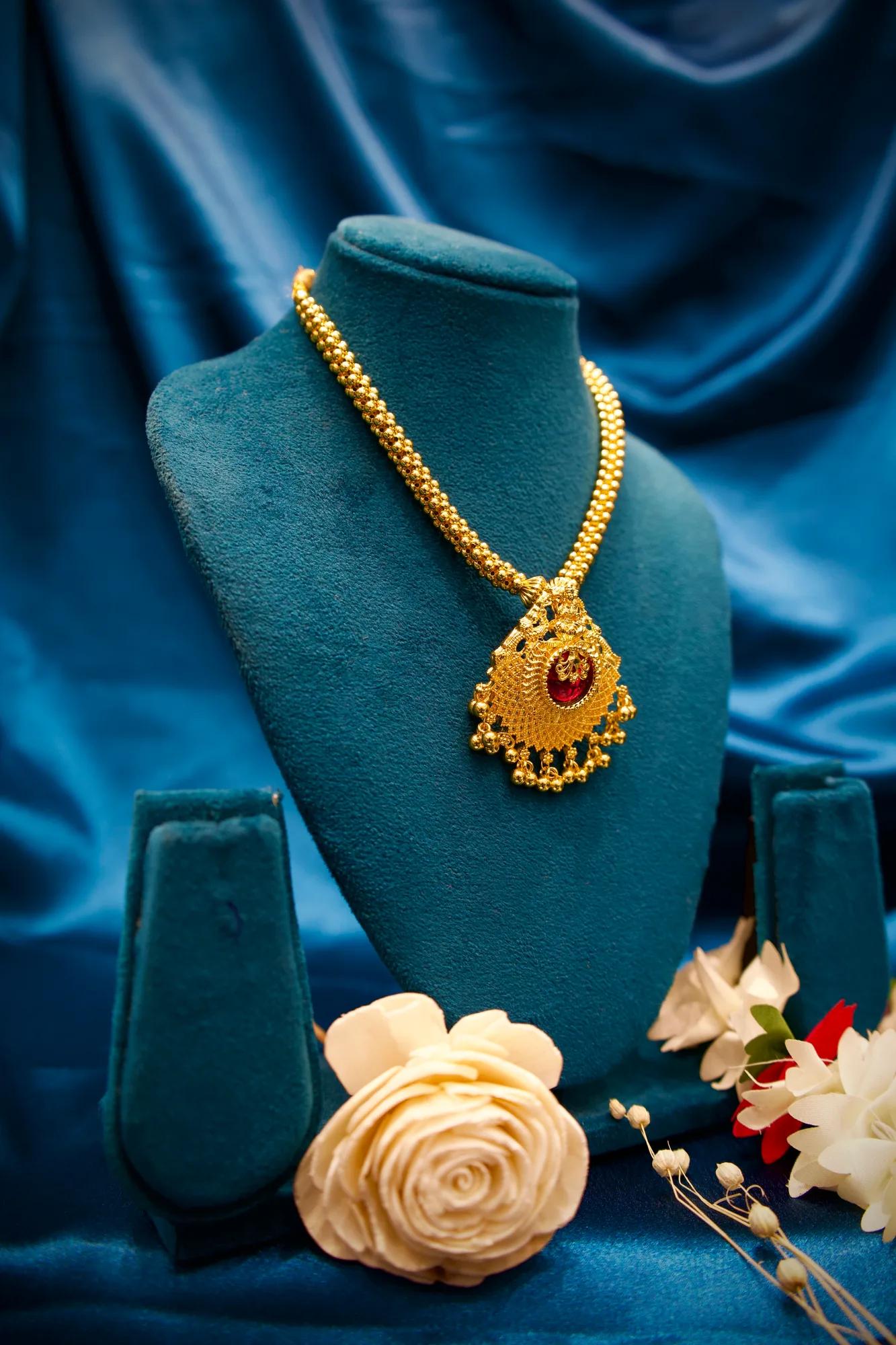 Temple Lakshmi Ruby Pendant Adjustable Necklace