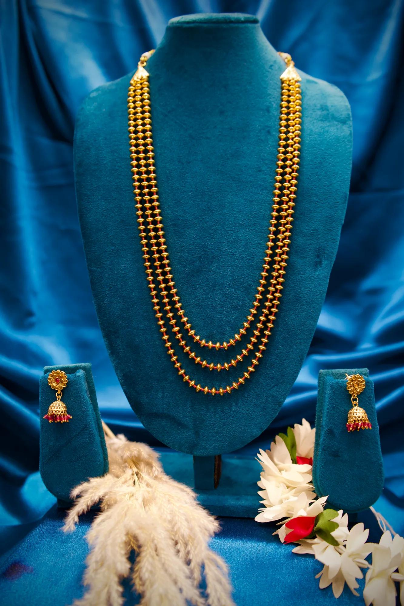 Traditional Gold Beaded Layered Necklace Set