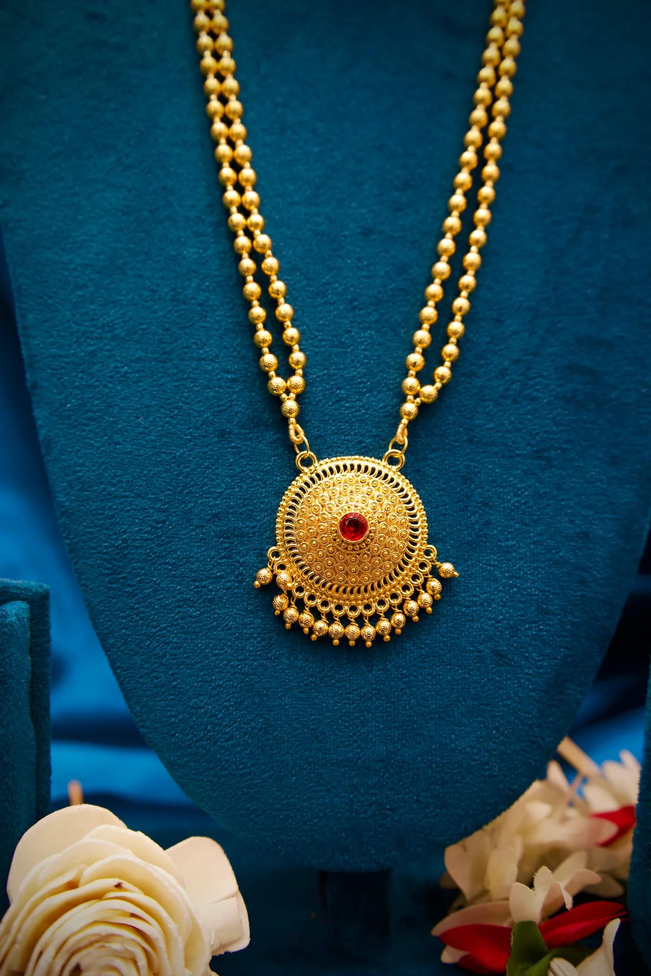 Traditional Coin Bead Long Necklace Set with Circular Ruby Pendant