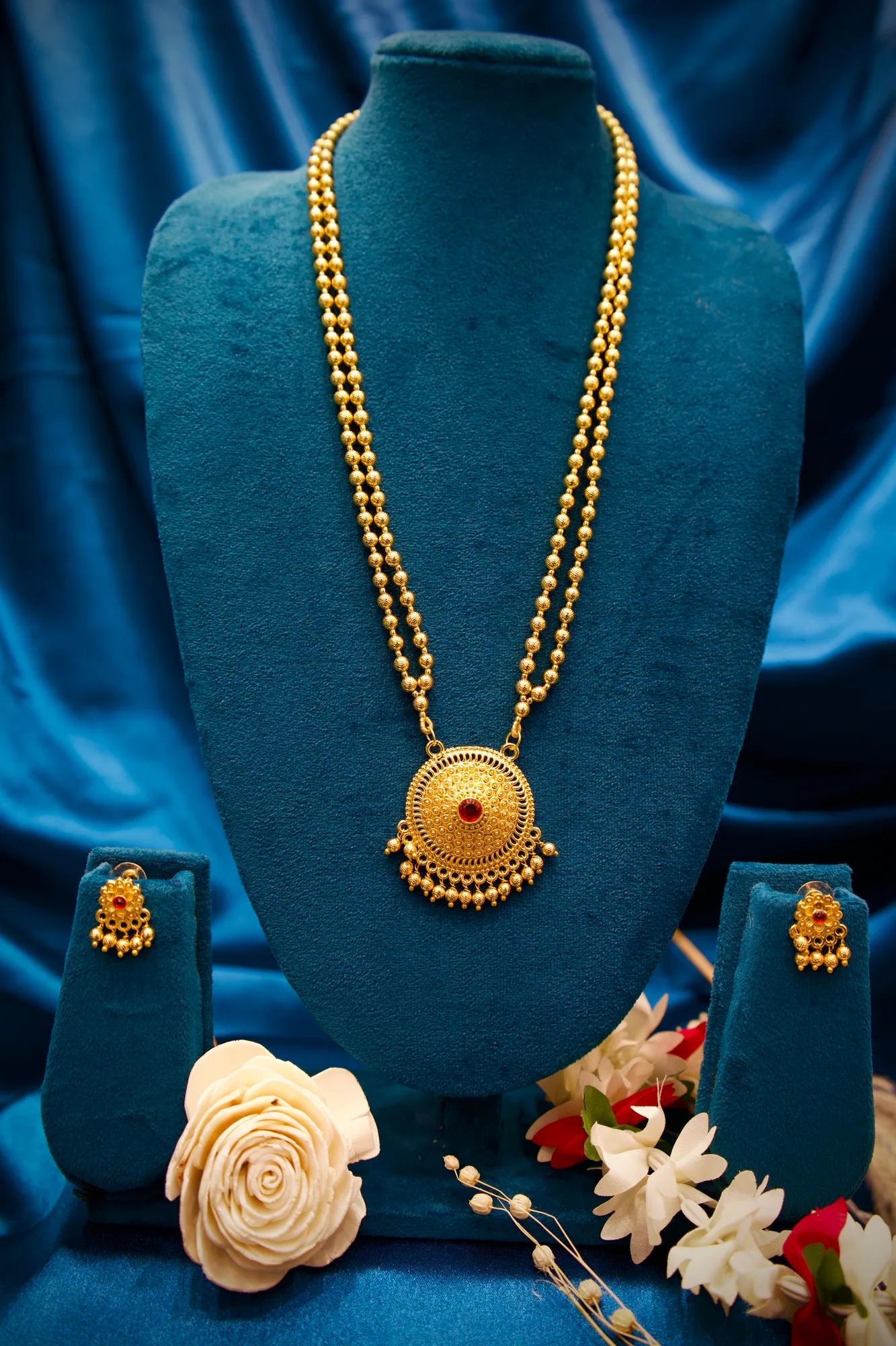 Traditional Coin Bead Long Necklace Set with Circular Ruby Pendant