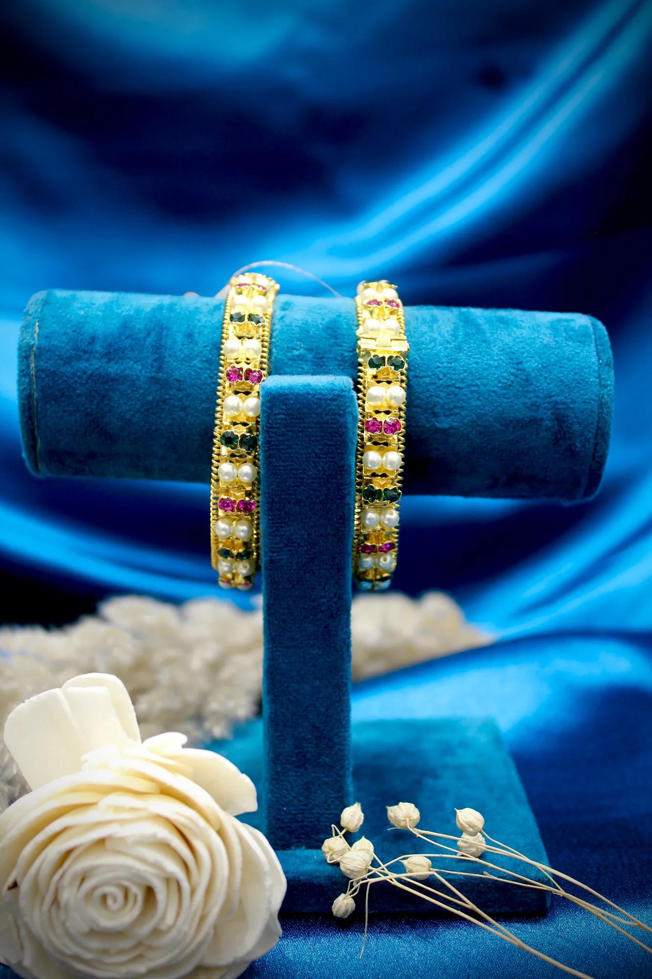Pearl & Multicolor Stone Designer Bangles (Set of 2)