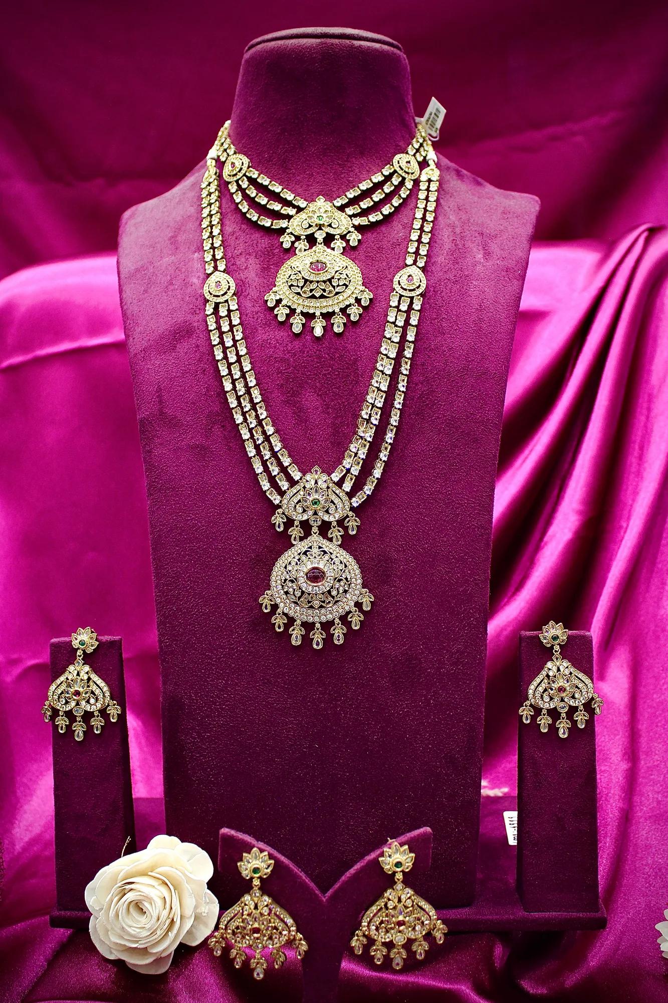Royal Dual-Layer American Diamond Necklace Set with Ruby & Emerald Accents