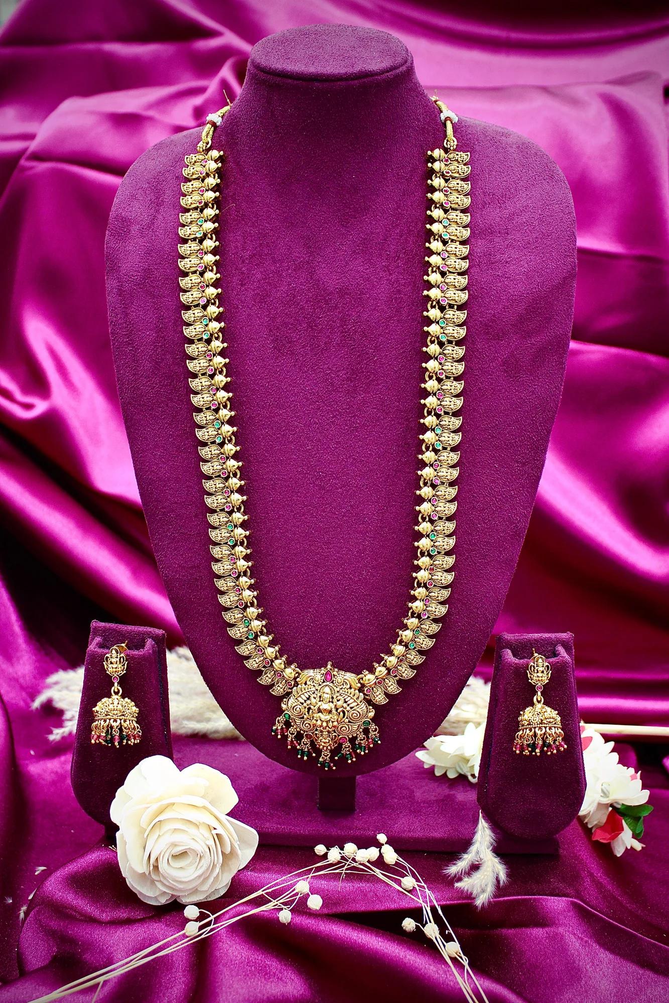 Royal Temple Lakshmi Long Haram Necklace Set