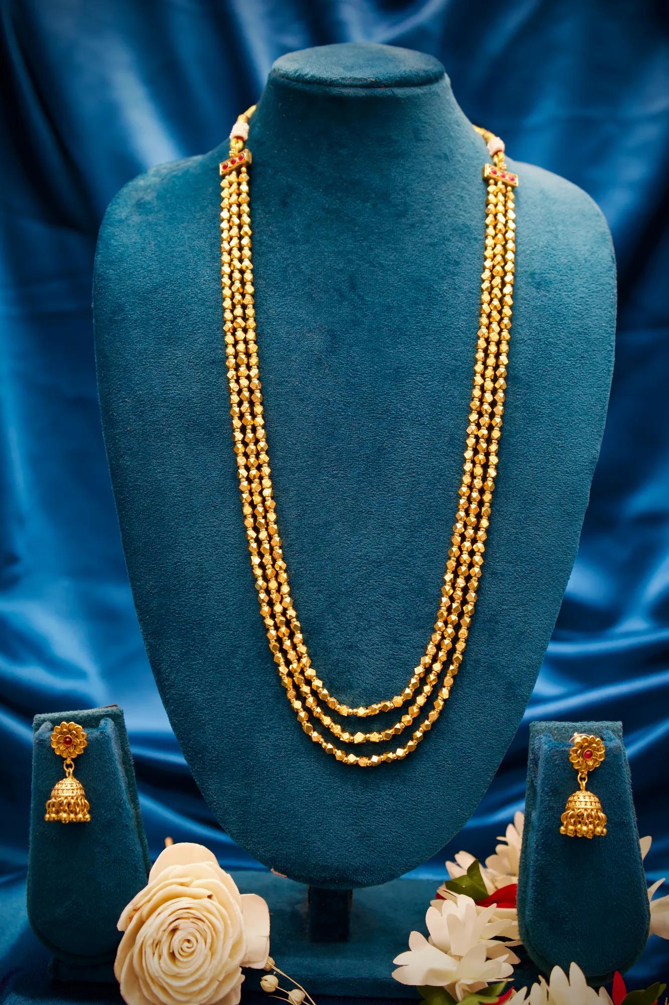 Traditional Gold Beaded Long Necklace Set