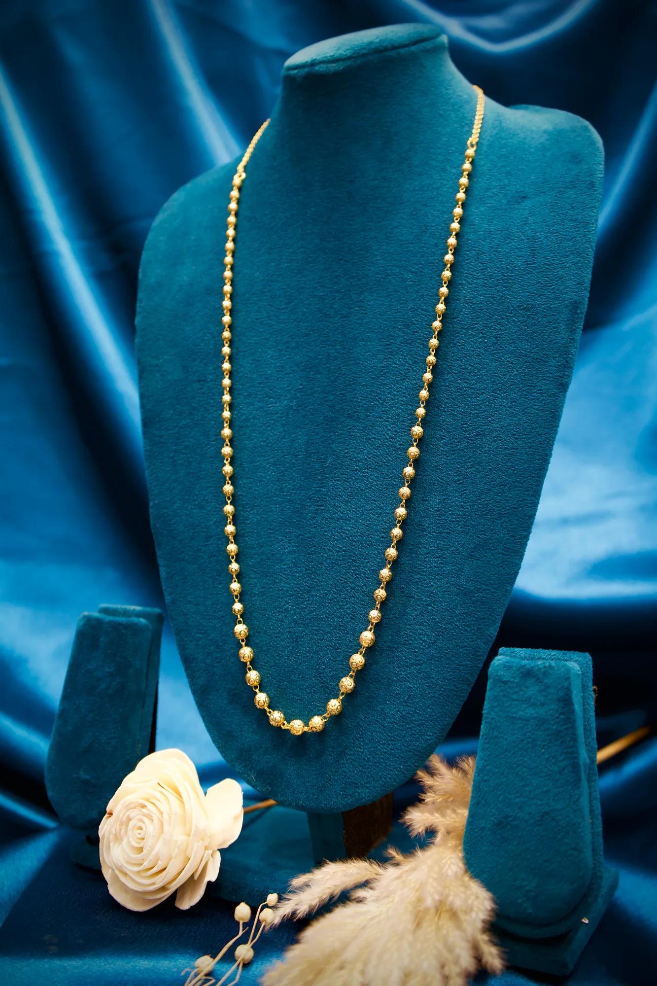 Traditional Gold-Tone Floral Bead Long Necklace