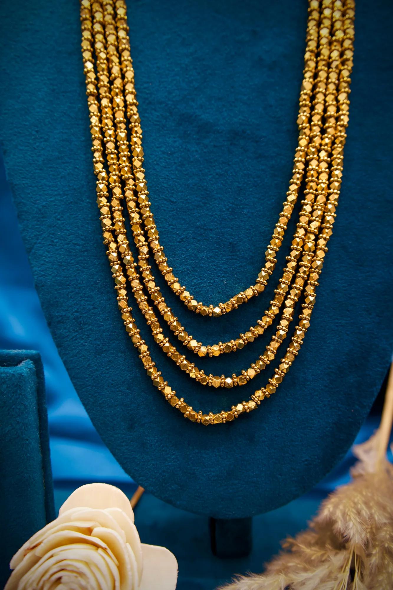 Traditional Four-Layer Golden Bead Long Haram Necklace Set