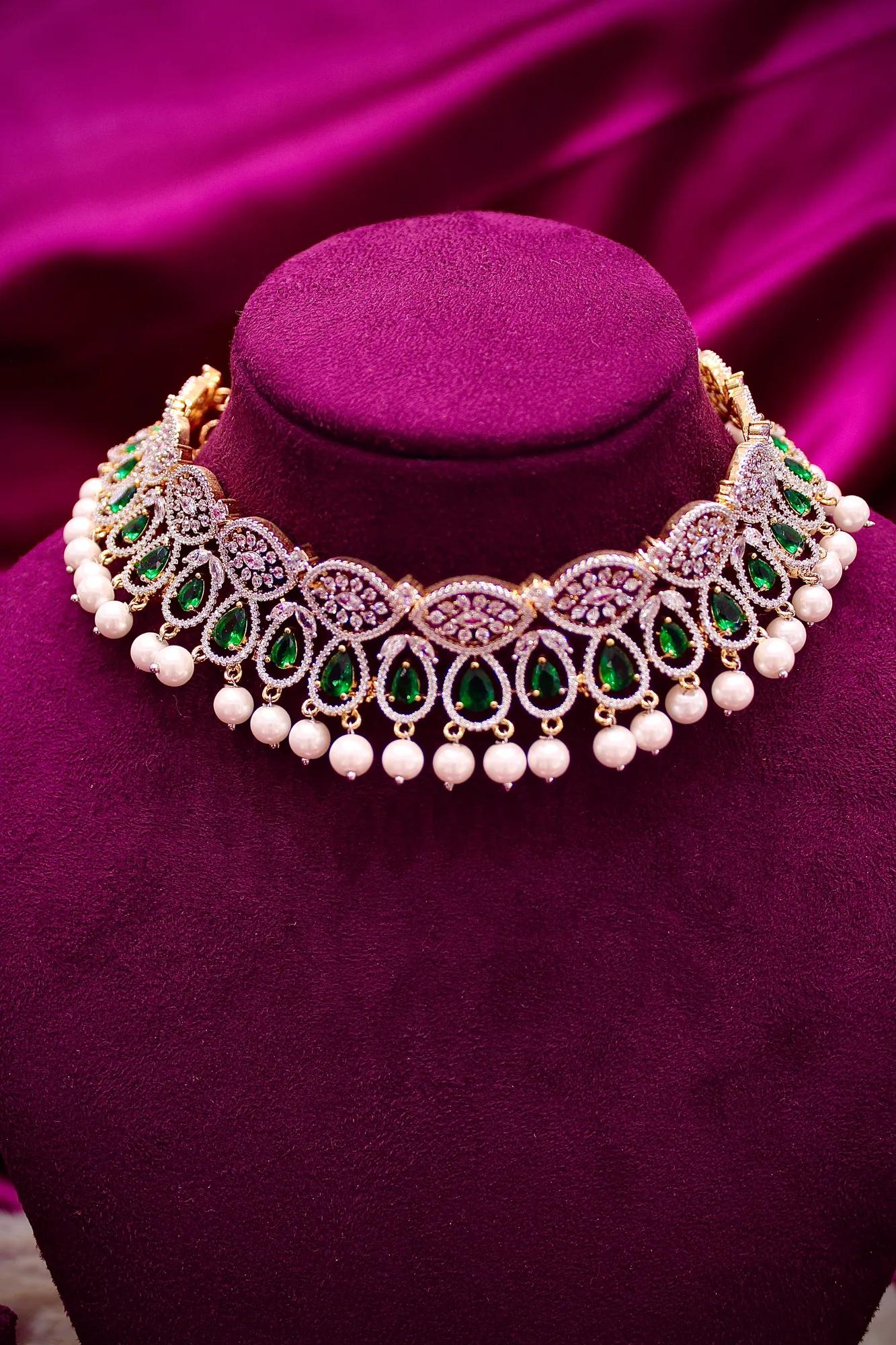 Royal Emerald Pearl American Diamond Choker Set