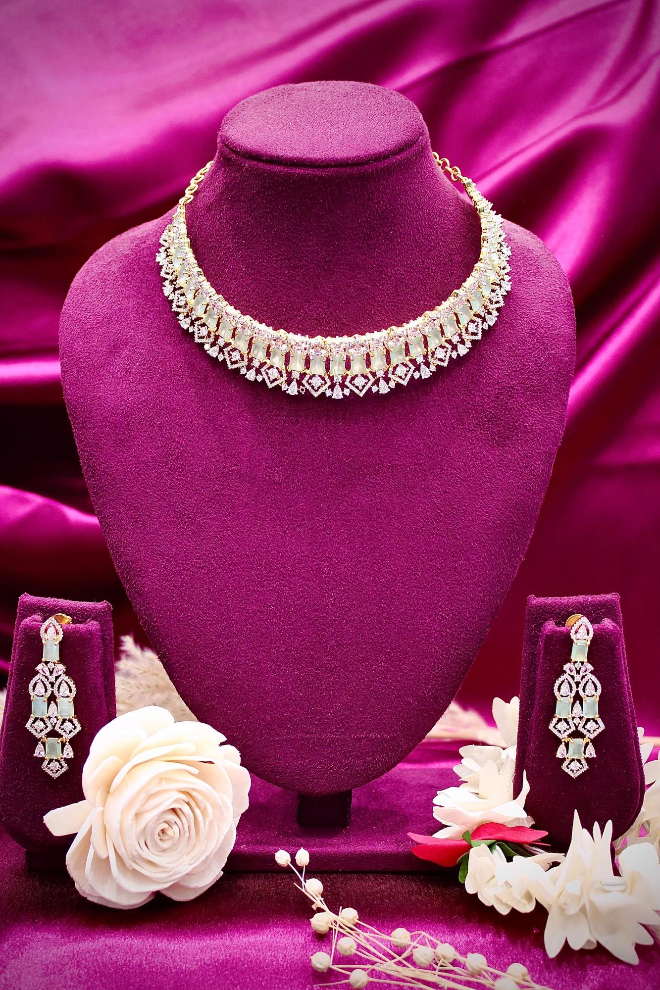 Elegant Mint Stone American Diamond Choker Set with Designer Earrings