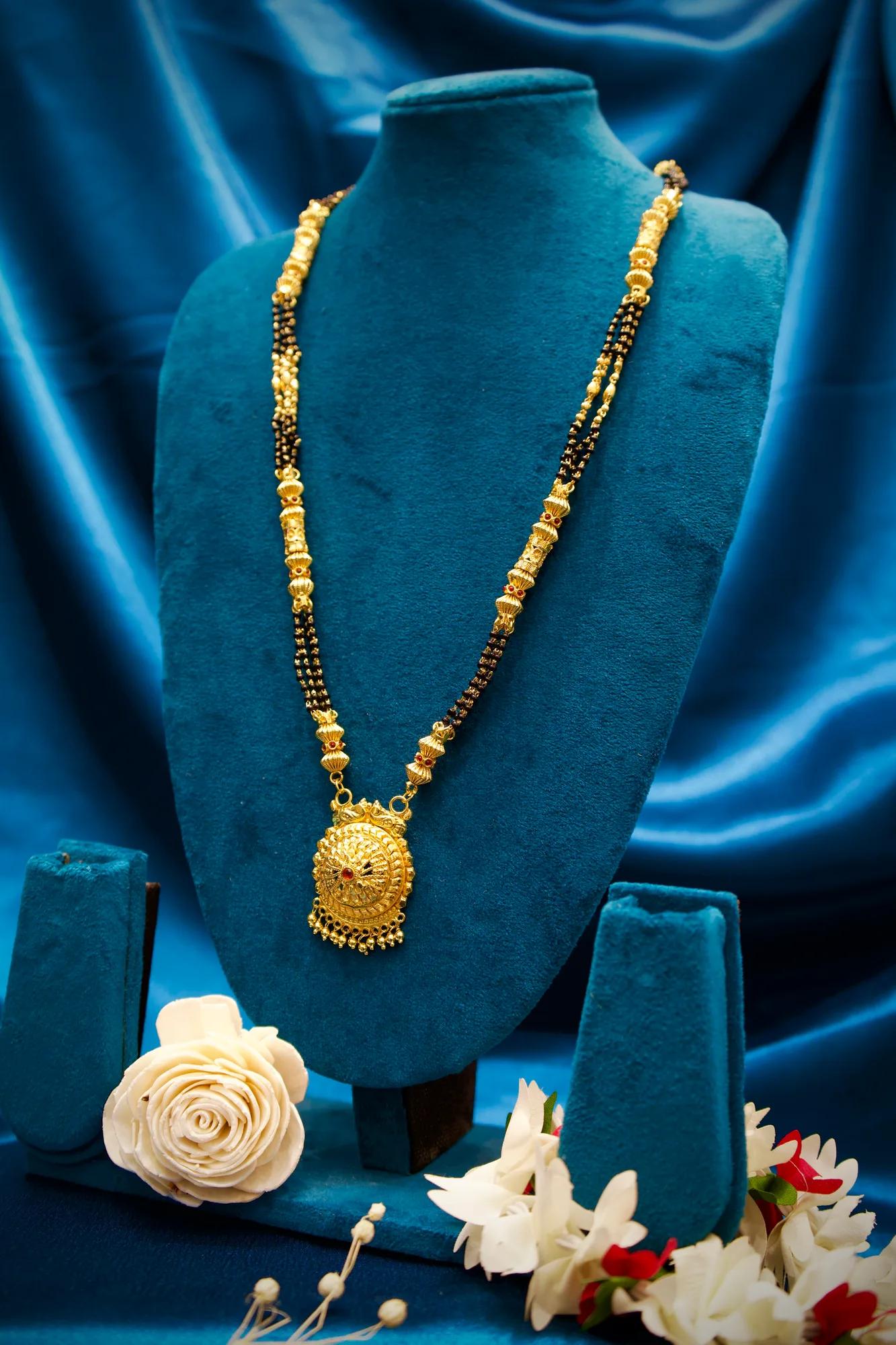 Traditional Black Bead Mangalsutra with Antique Circular Pendant