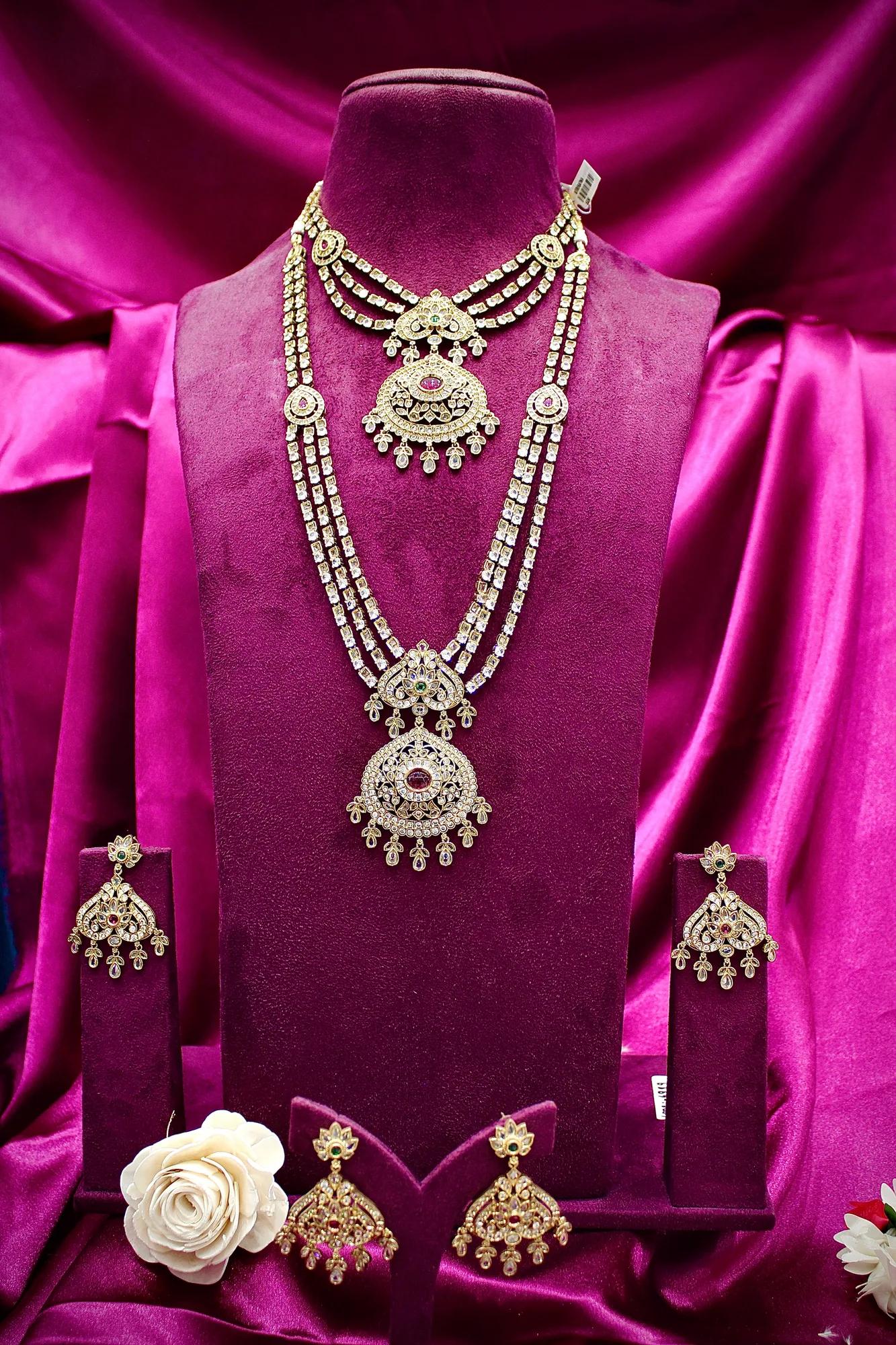 Royal Dual-Layer American Diamond Necklace Set with Ruby & Emerald Accents