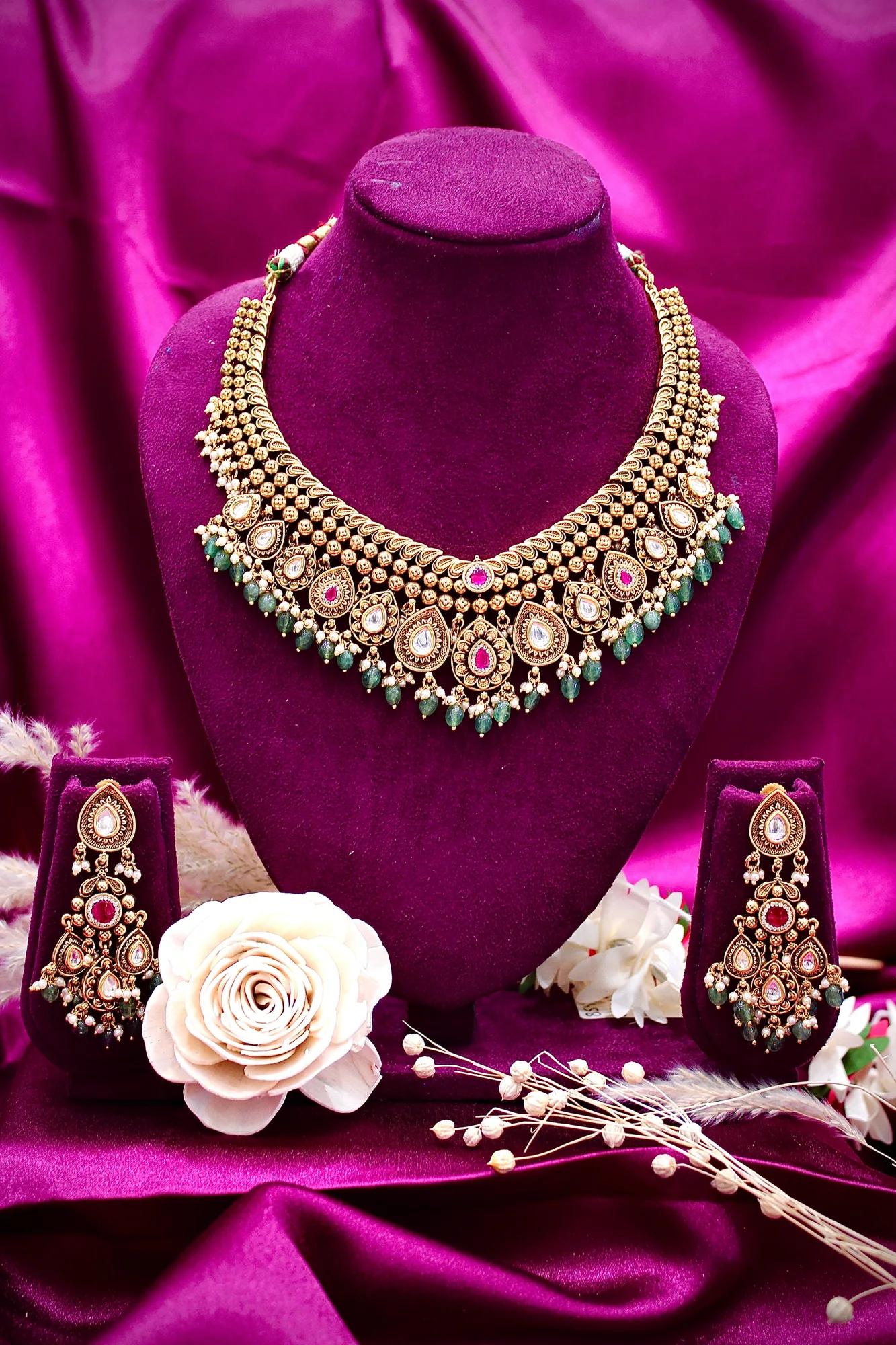 Royal Kundan & Emerald Bead Bridal Necklace Set