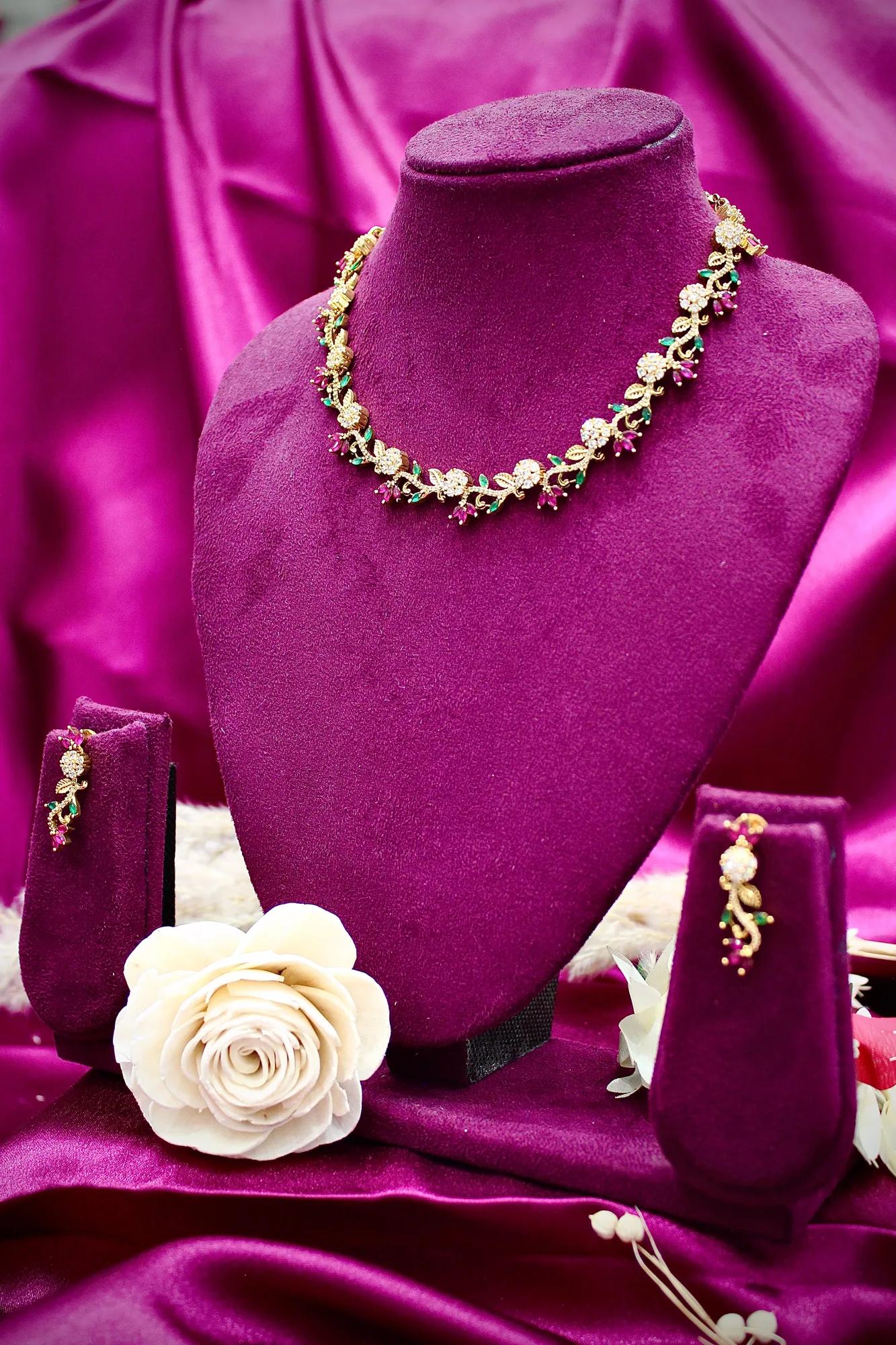 Floral Vine CZ Necklace Set with Multicolor Stone Accents
