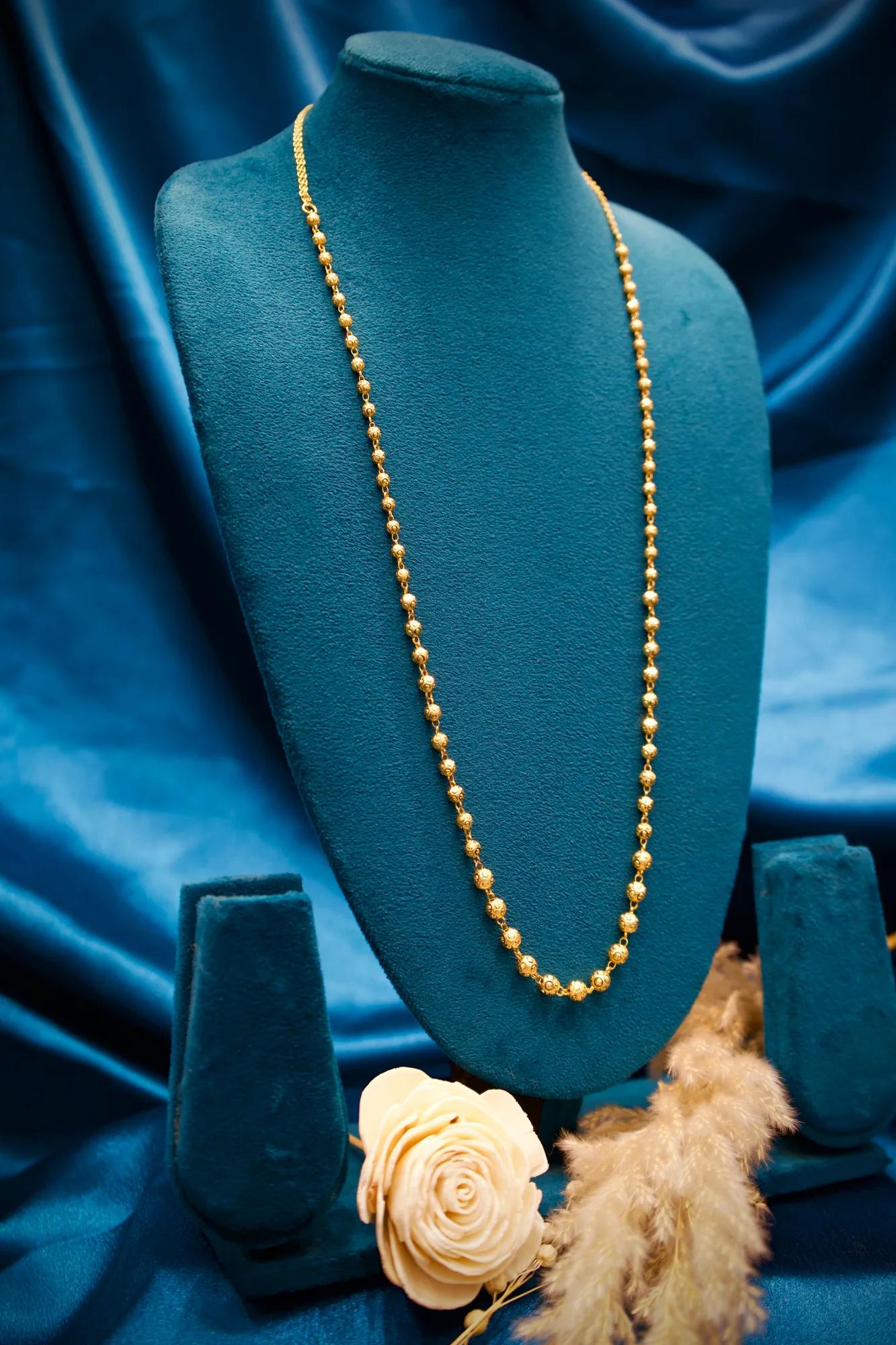 Traditional Gold-Tone Floral Bead Long Necklace