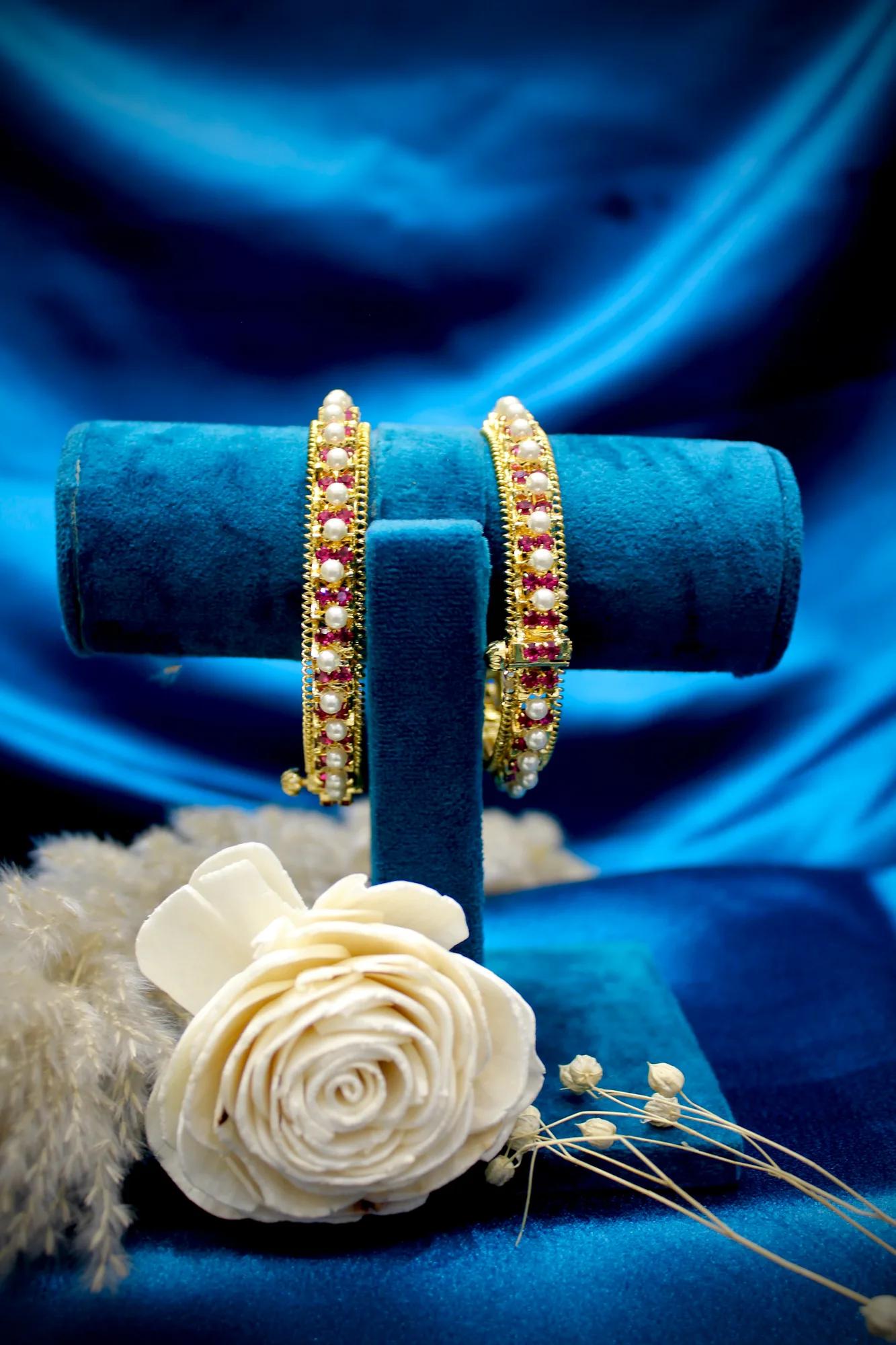 Pearl & Ruby Stone Traditional Bangles (Set of 2)