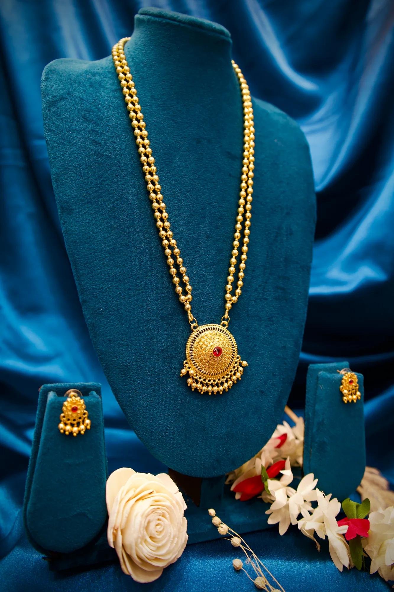 Traditional Coin Bead Long Necklace Set with Circular Ruby Pendant
