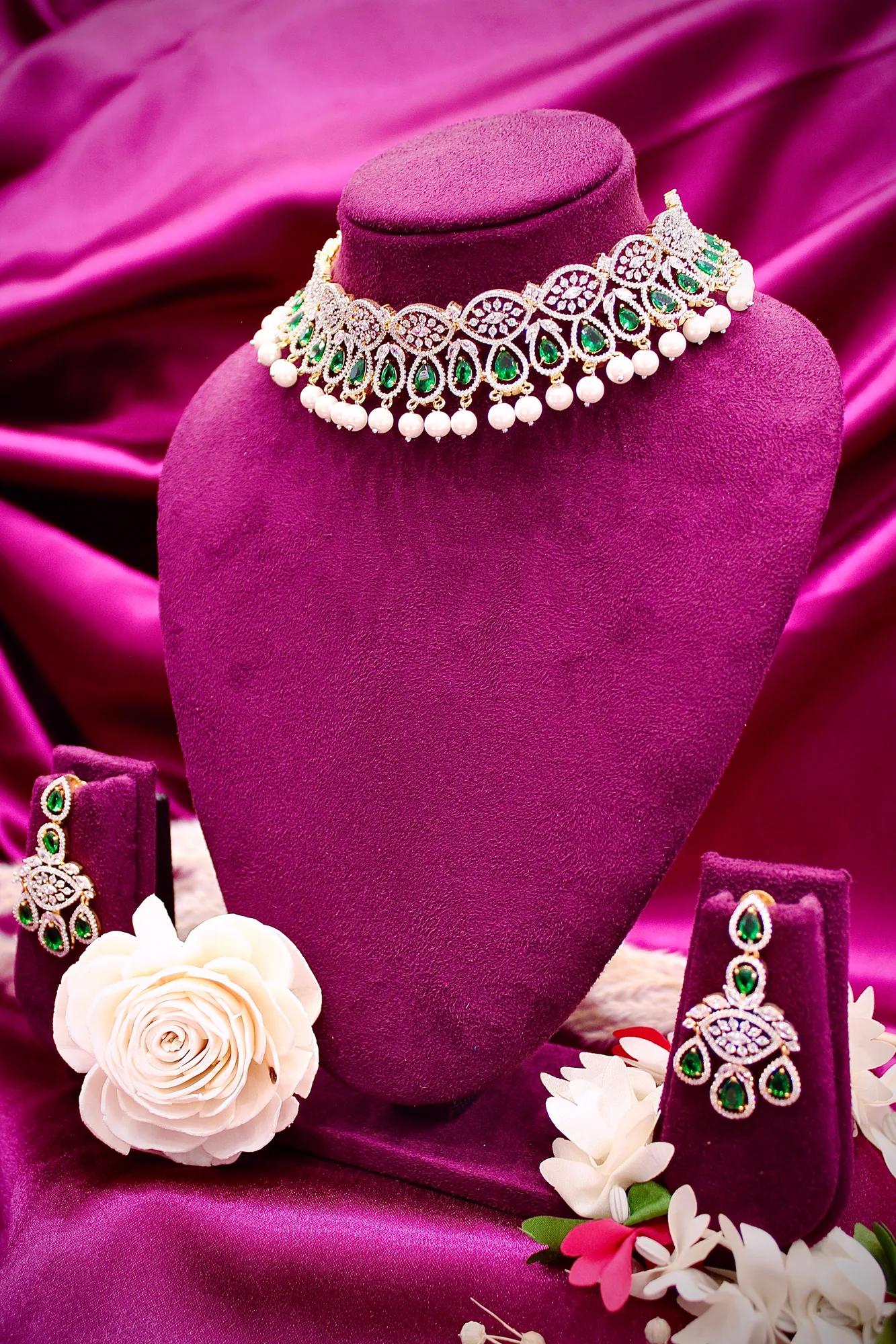 Royal Emerald Pearl American Diamond Choker Set