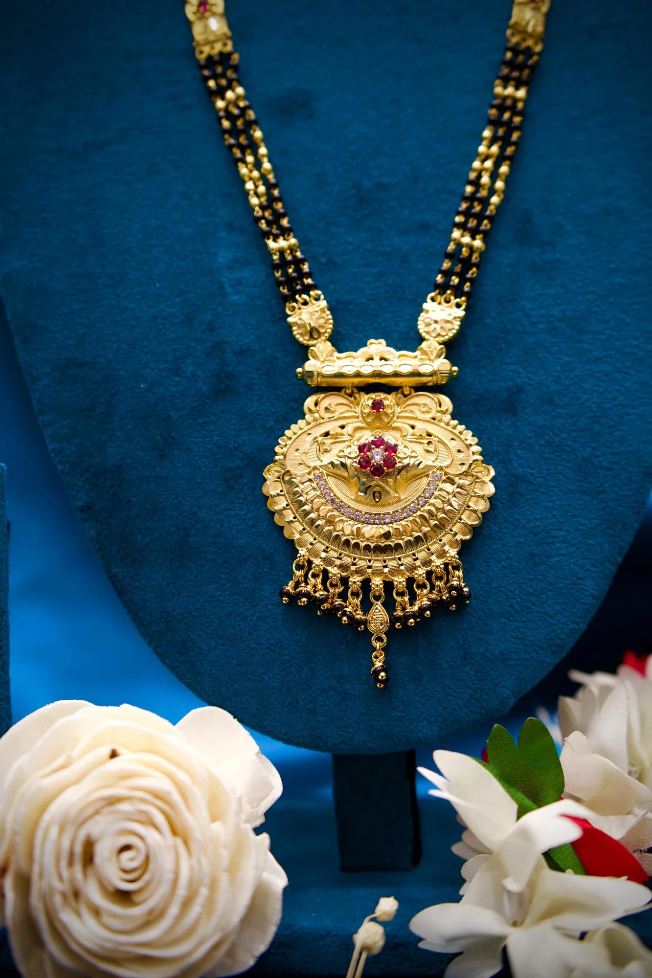 Traditional Black Bead Long Mangalsutra with Antique Royal Pendant