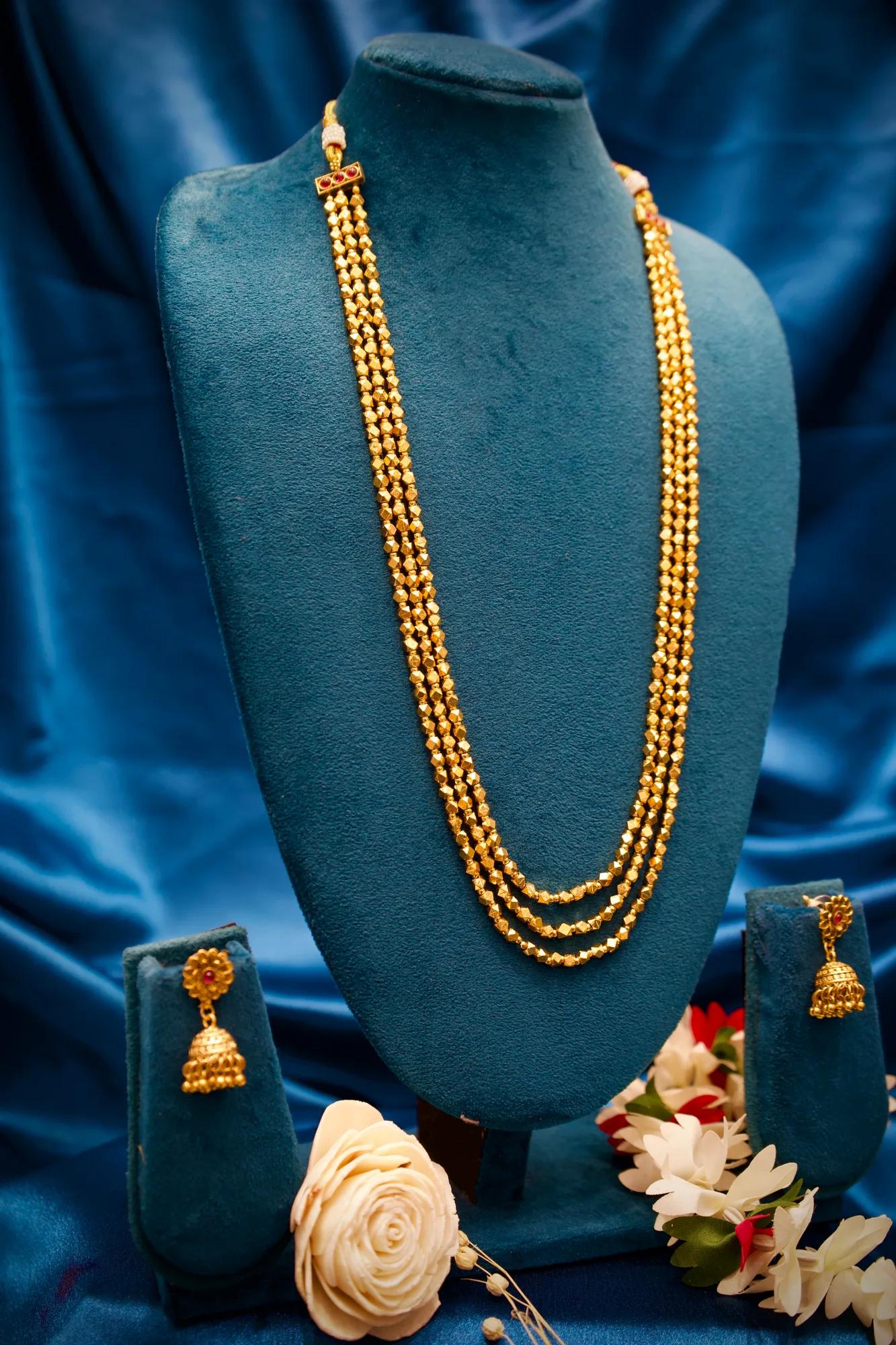 Traditional Gold Beaded Long Necklace Set