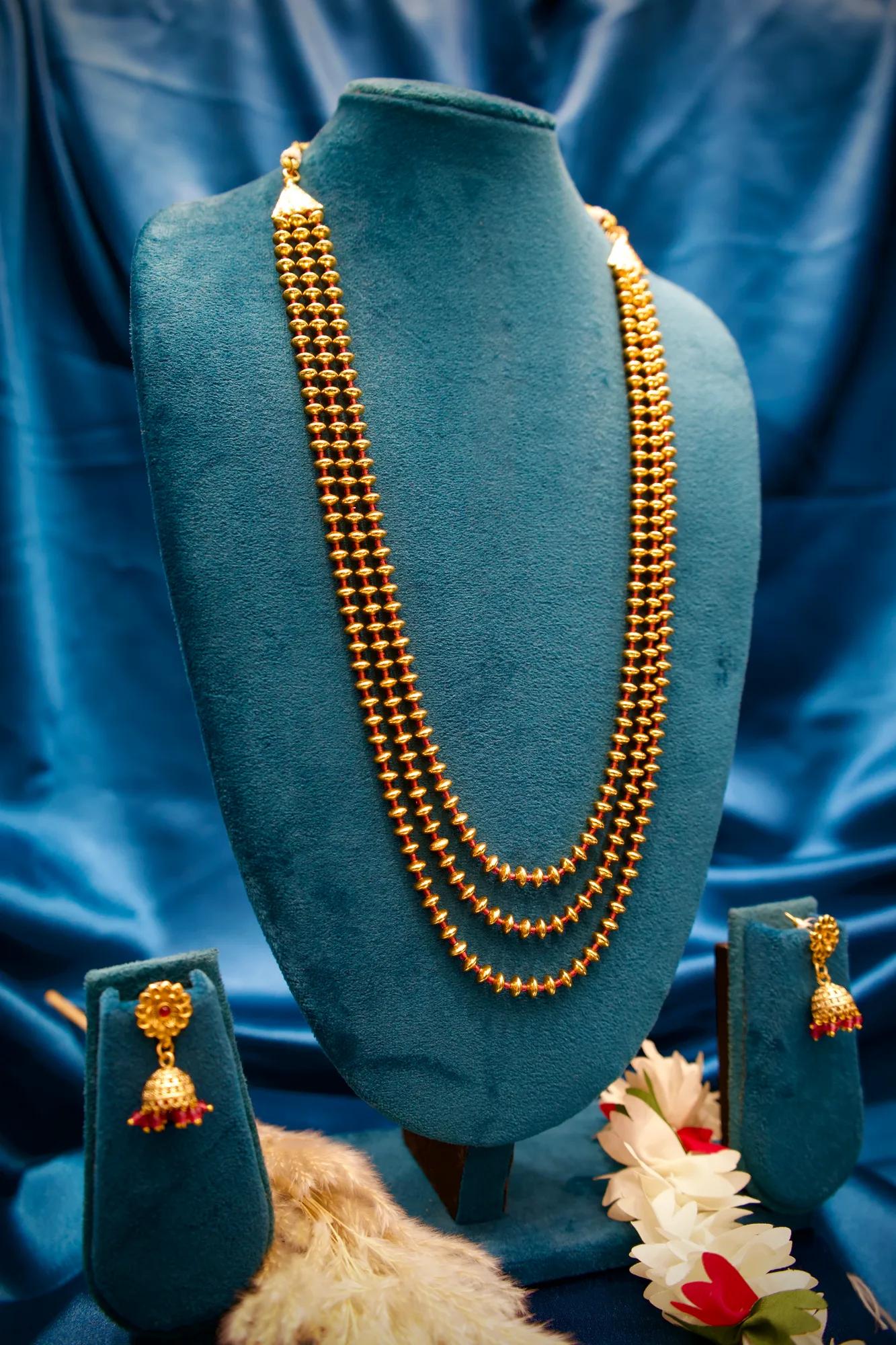 Traditional Gold Beaded Layered Necklace Set